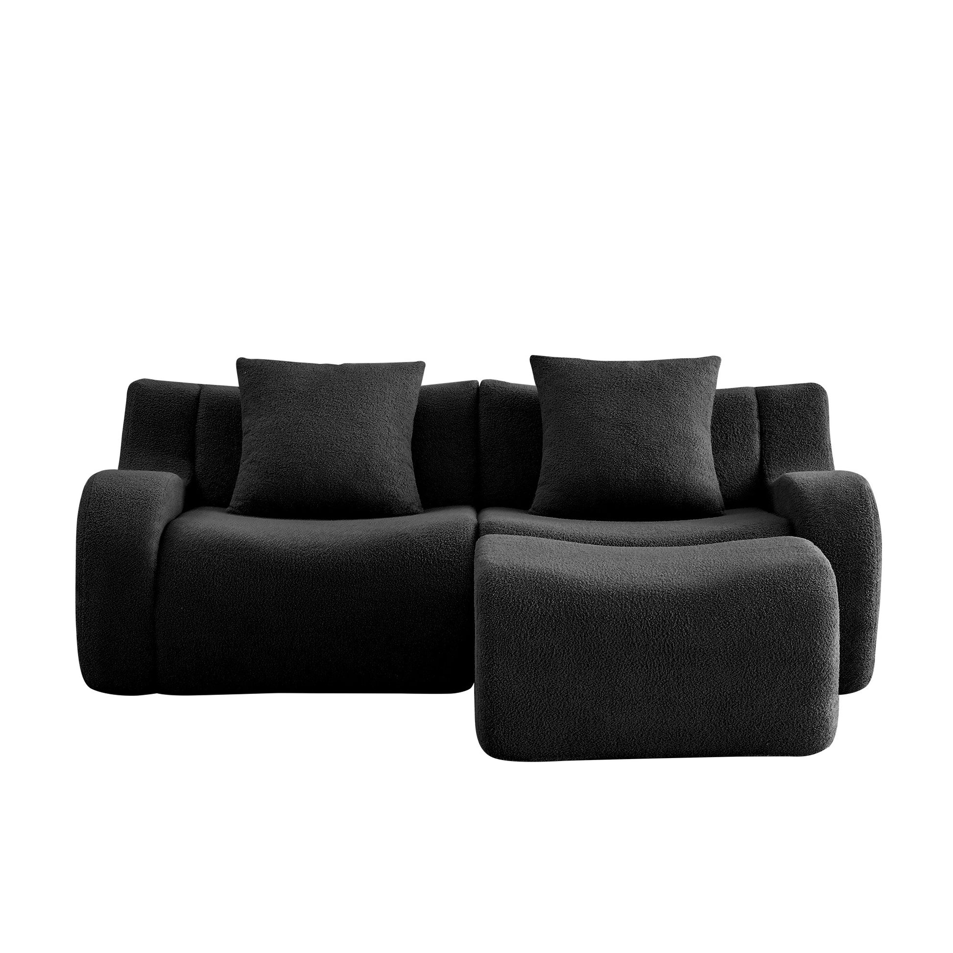 Black teddy fleece boneless sofa, 2-seat with one ottoman layout, 45 degree view on a white background — Black / 2-Seat + 1 Ottoman