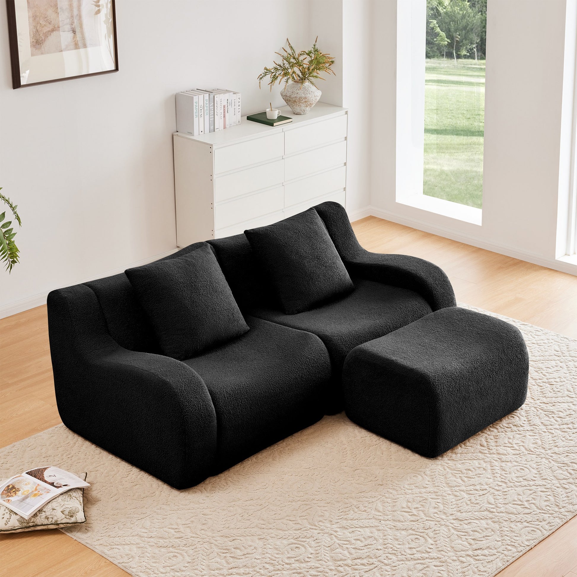 Black teddy fleece boneless sofa, 2-seat with one ottoman layout, straight on view in a living room — Black / 2-Seat + 1 Ottoman