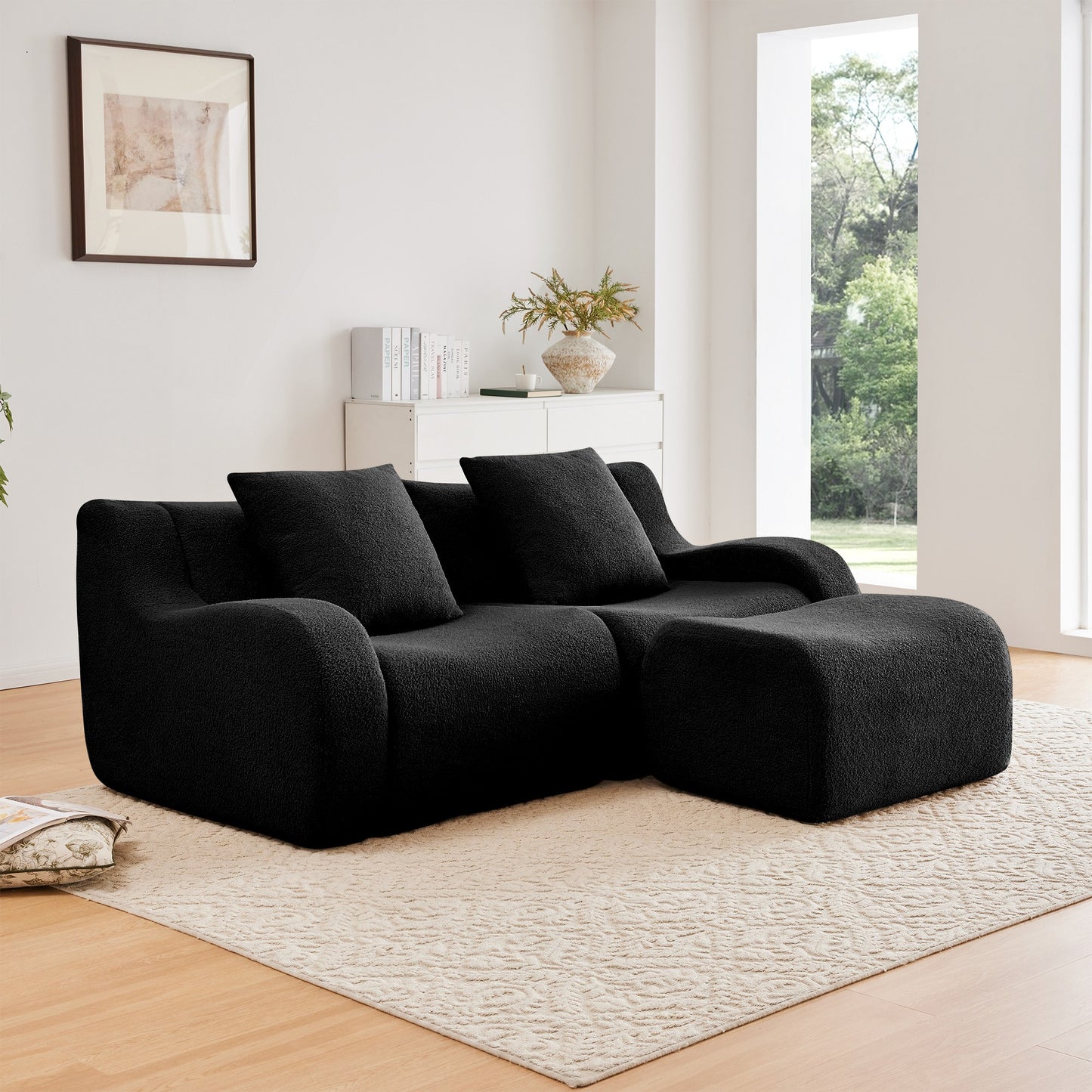 Black teddy fleece boneless sofa, 2-seat with one ottoman layout, angled view in a bright living room — Black / 2-Seat + 1 Ottoman