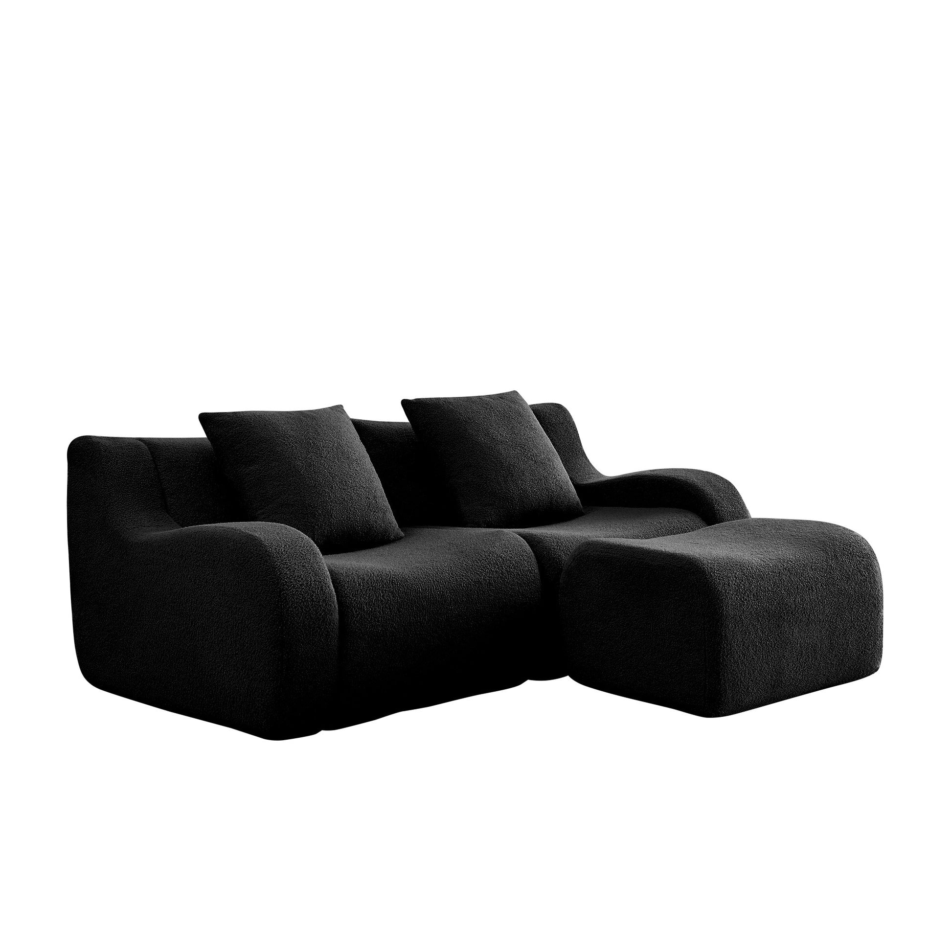 Black teddy fleece boneless sofa, 2-seat with one ottoman layout, side view on a white background — Black / 2-Seat + 1 Ottoman