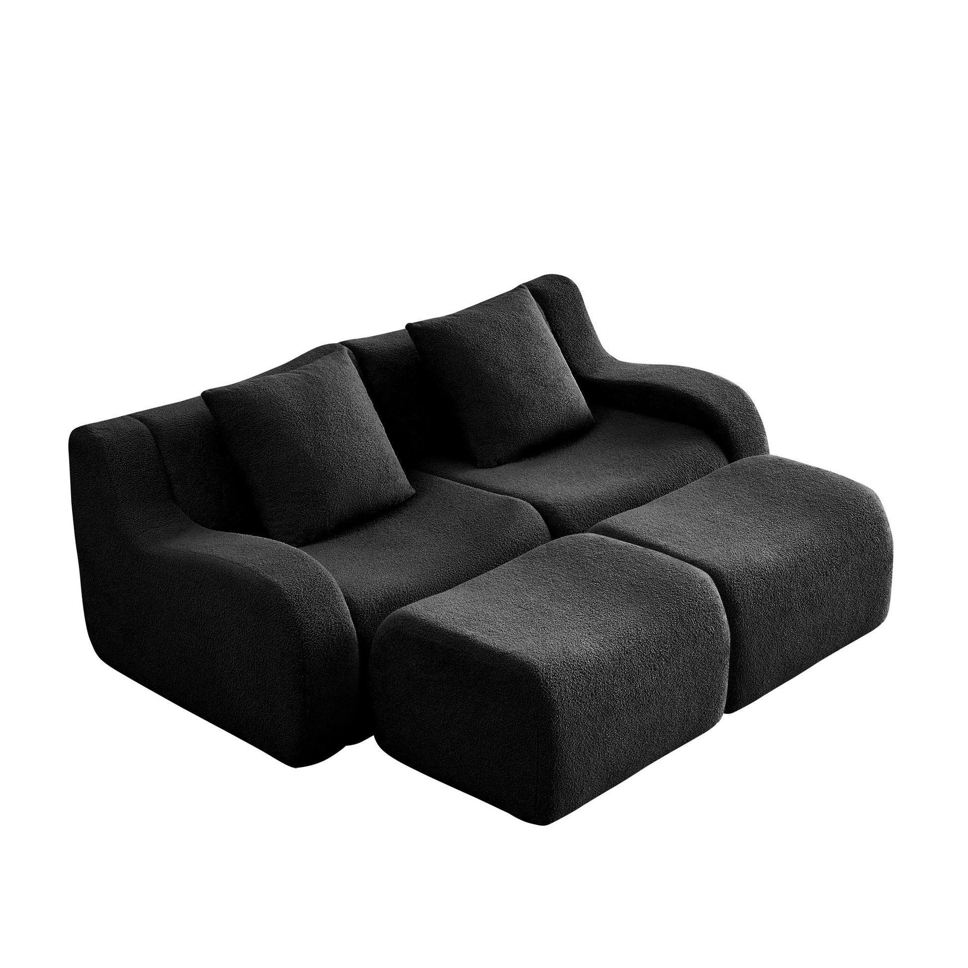 Black teddy fleece boneless sofa, 2-seat with two ottomans layout, 45 degree view on a white background — Black / 2-Seat + 2 Ottomans