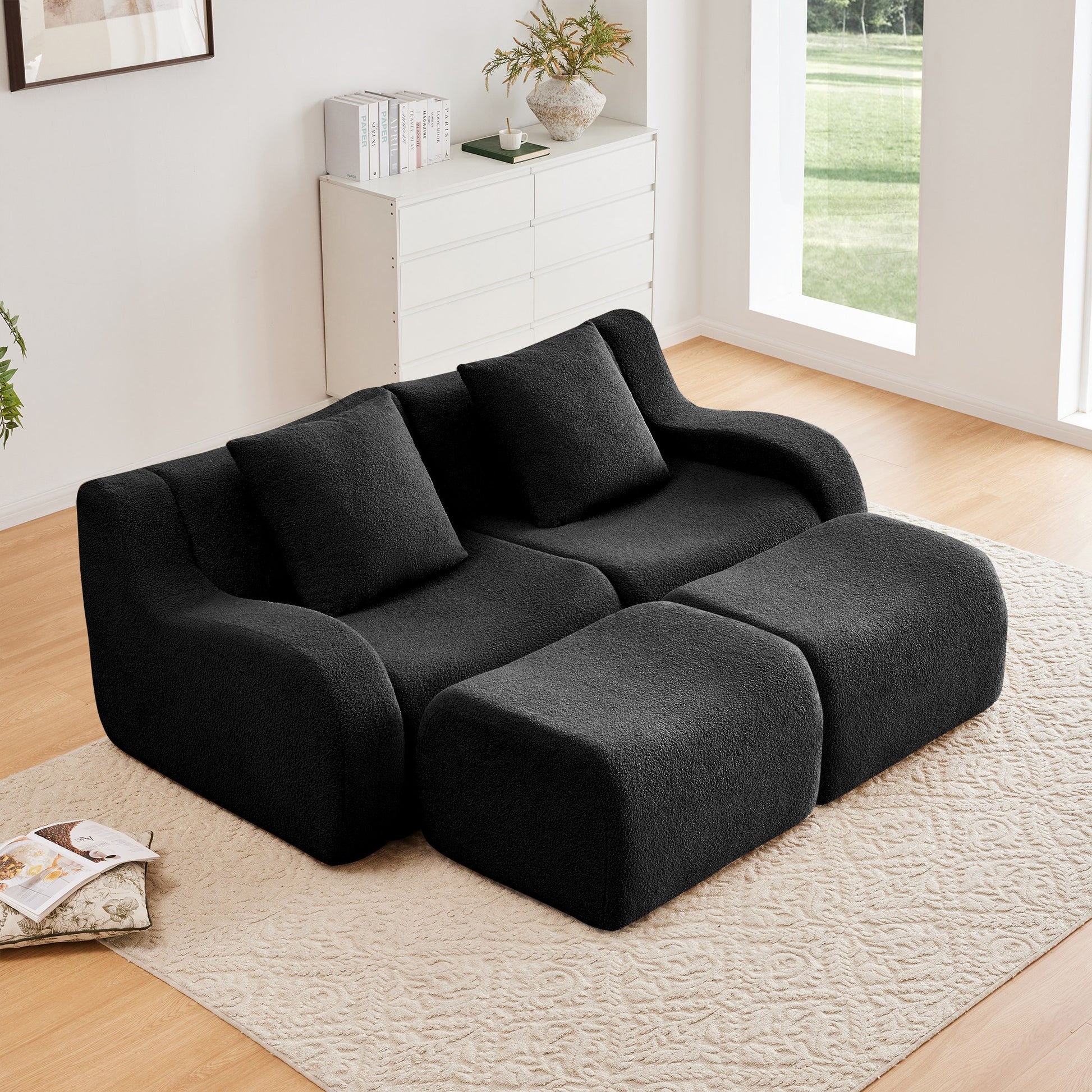 Black teddy fleece boneless sofa, 2-seat with two ottomans layout, straight on view in a living room — Black / 2-Seat + 2 Ottomans