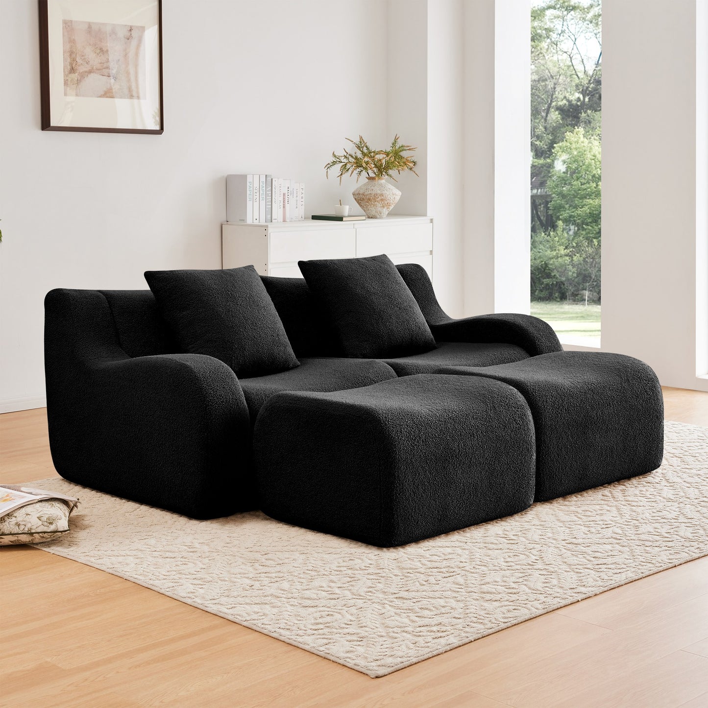 Black teddy fleece boneless sofa, 2-seat with two ottomans layout, angled view in a bright living room — Black / 2-Seat + 2 Ottomans