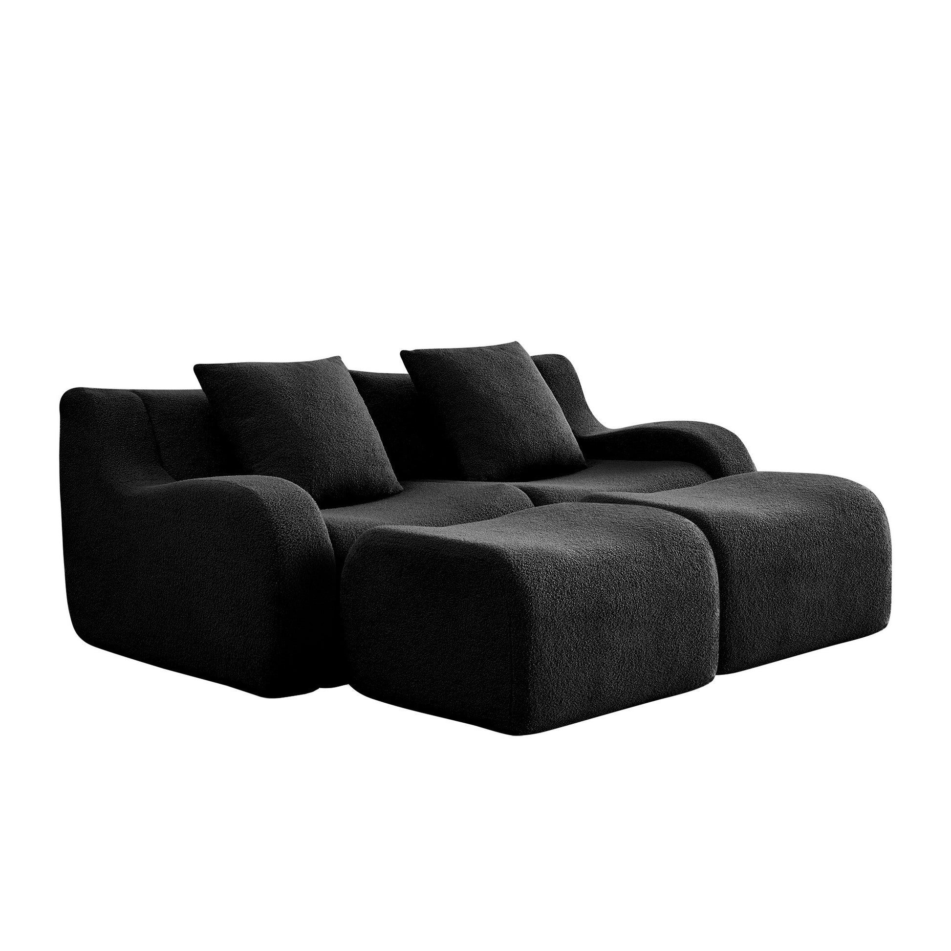 Black teddy fleece boneless sofa, 2-seat with two ottomans layout, side view on a white background — Black / 2-Seat + 2 Ottomans