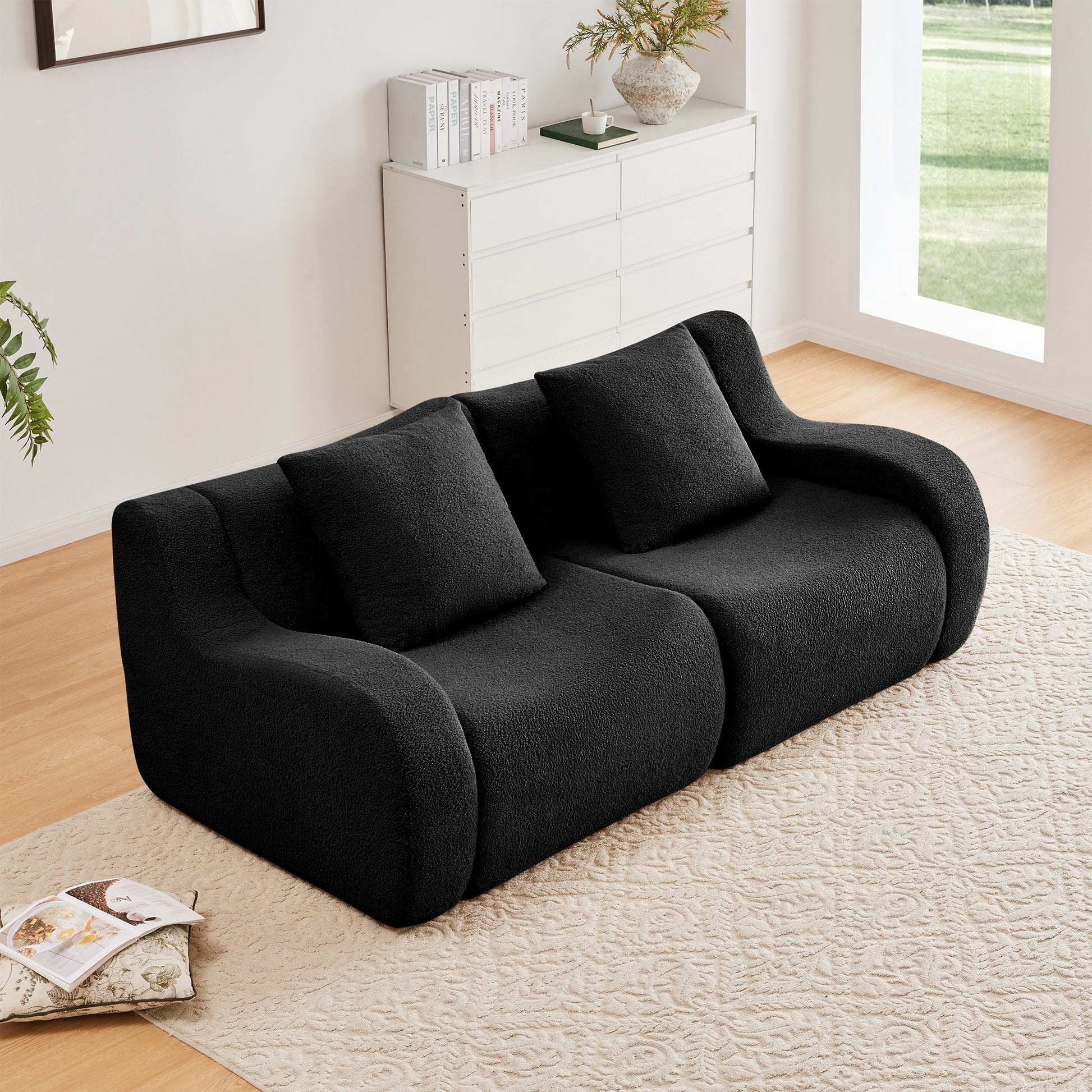 Black teddy fleece boneless sofa, 2-seat layout, straight on view in a living room — Black / 2-Seat
