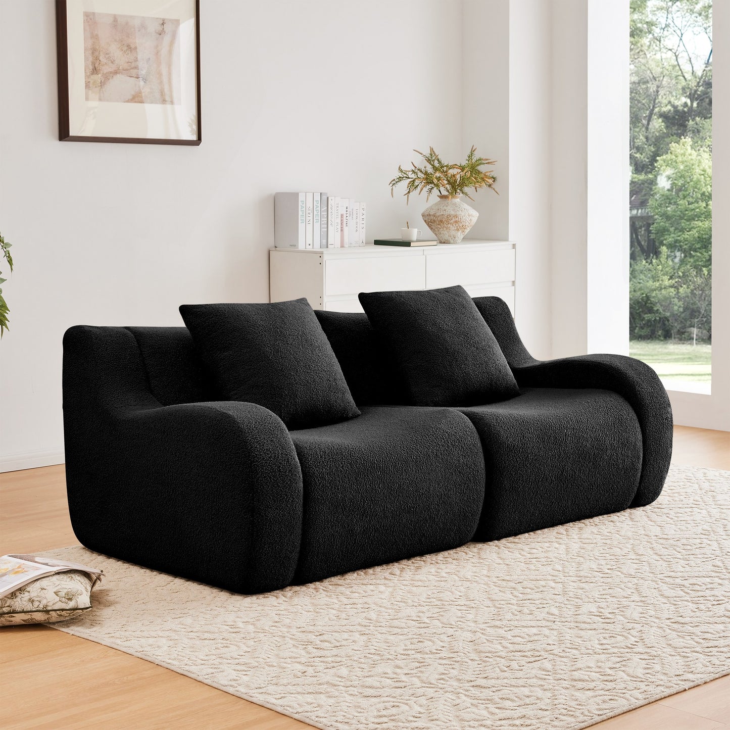 Black teddy fleece boneless sofa, 2-seat layout, angled view in a bright living room — Black / 2-Seat