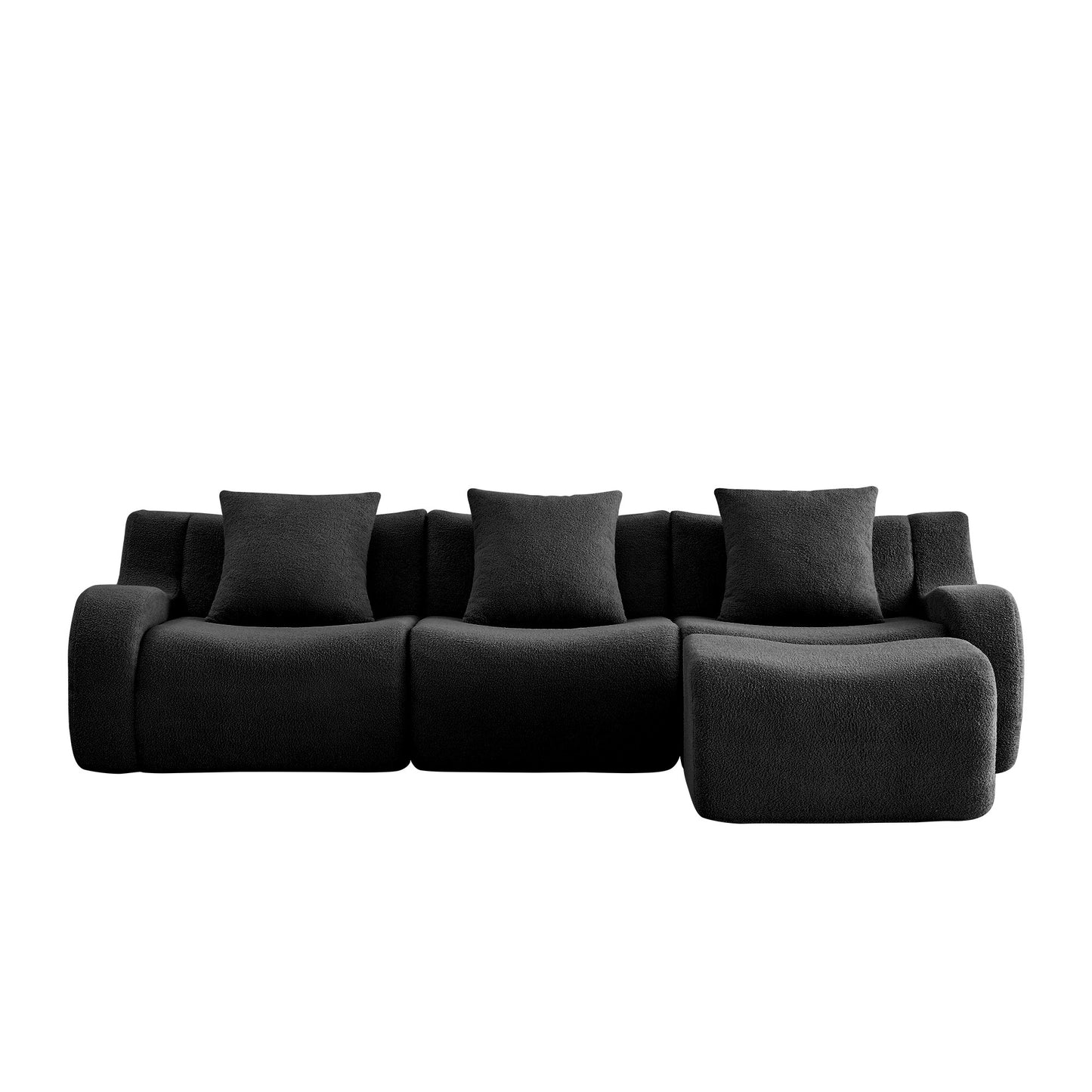 Black teddy fleece boneless sofa, 3-seat with one ottoman layout, 45 degree view on a white background — Black / 3-Seat + 1 Ottoman