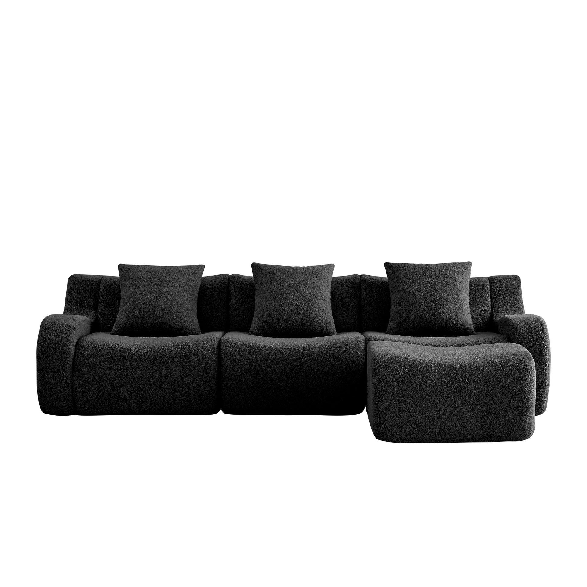 Black teddy fleece boneless sofa, 3-seat with one ottoman layout, 45 degree view on a white background — Black / 3-Seat + 1 Ottoman