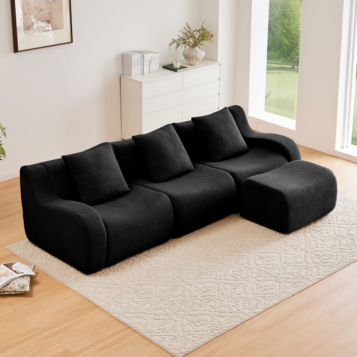 Black teddy fleece boneless sofa, 3-seat with one ottoman layout, straight on view in a living room — Black / 3-Seat + 1 Ottoman
