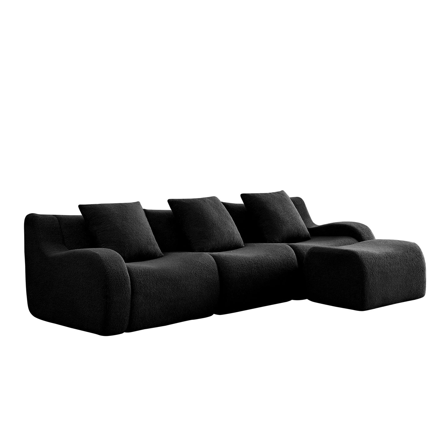 Black teddy fleece boneless sofa, 3-seat with one ottoman layout, side view on a white background — Black / 3-Seat + 1 Ottoman