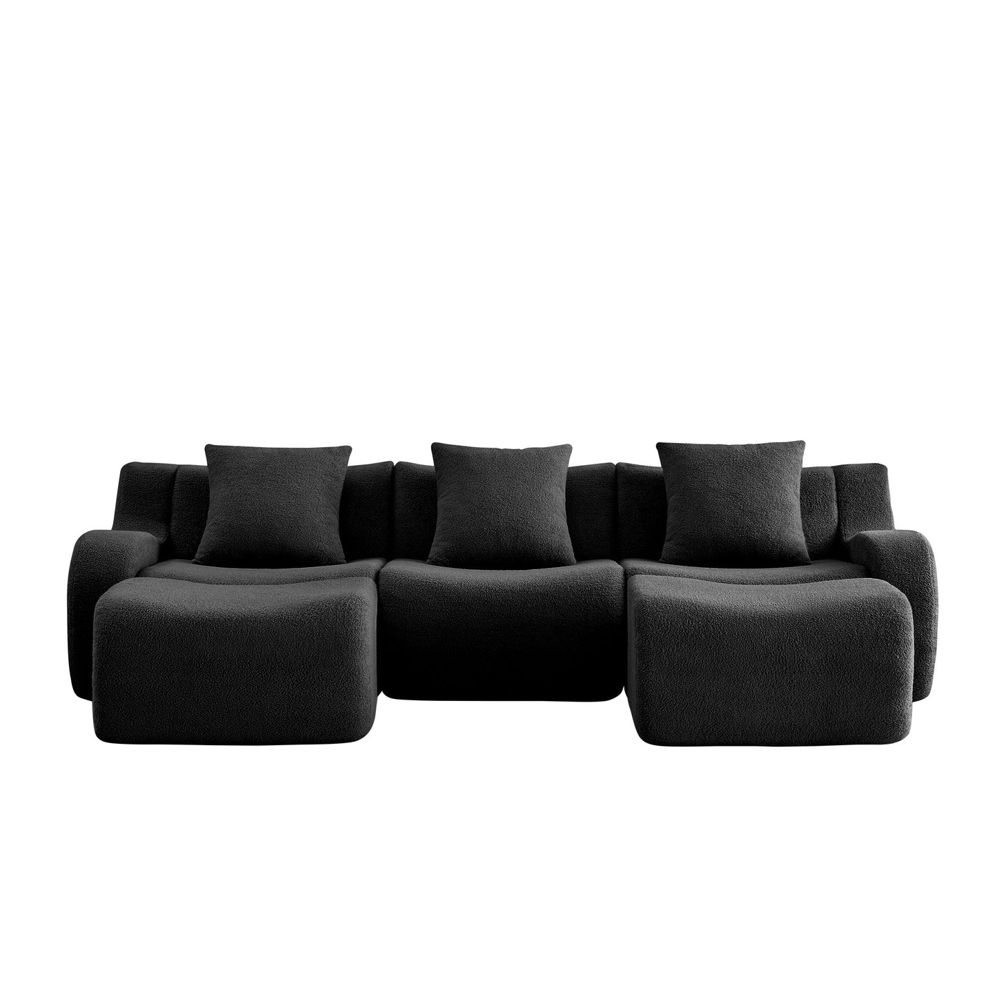 Black teddy fleece boneless sofa, 3-seat with two ottomans layout, 45 degree view on a white background — Black / 3-Seat + 2 Ottomans