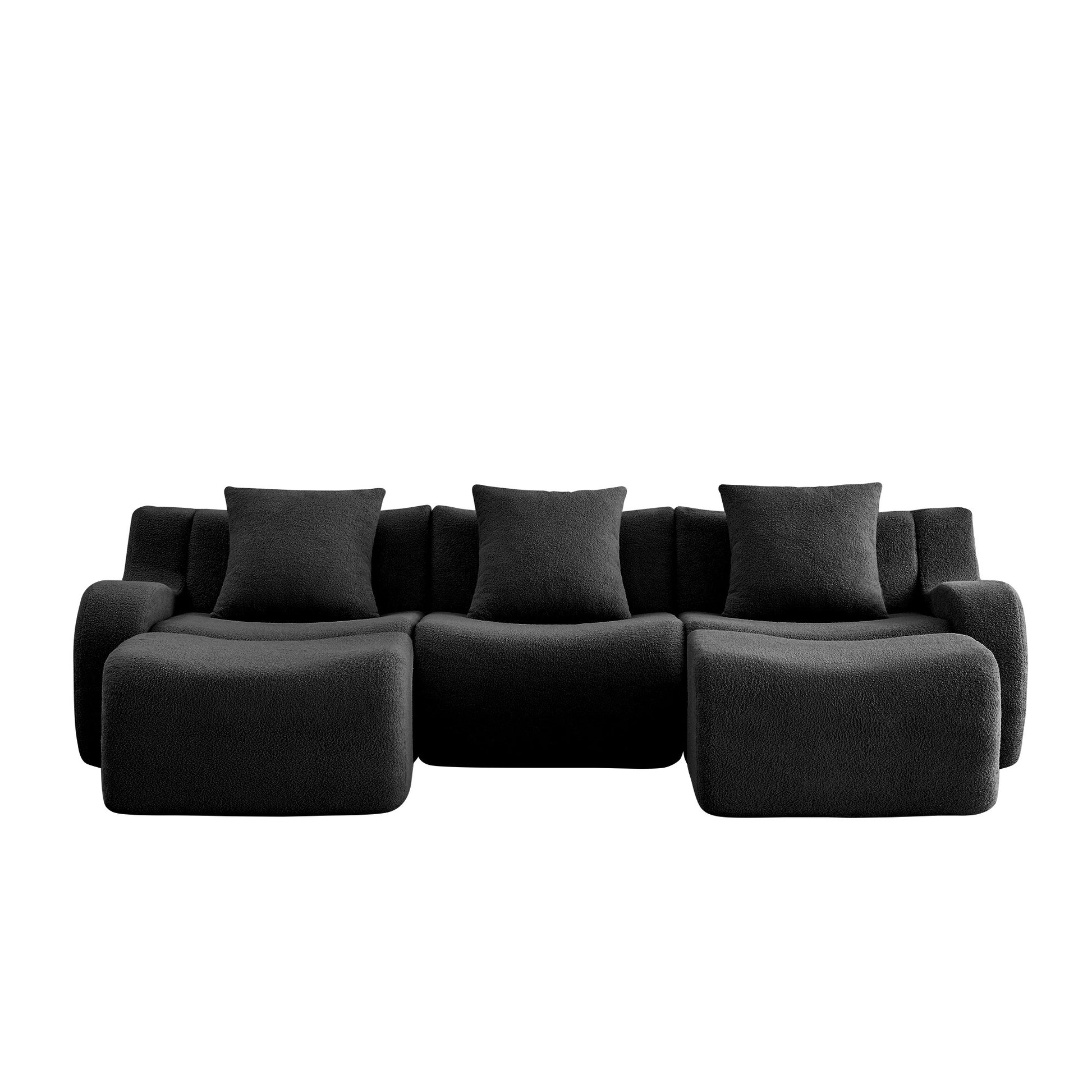 Black teddy fleece boneless sofa, 3-seat with two ottomans layout, 45 degree view on a white background — Black / 3-Seat + 2 Ottomans