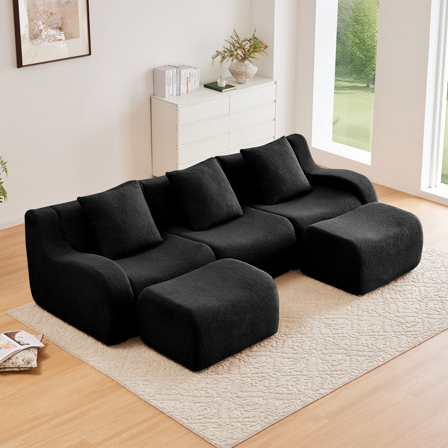 Black teddy fleece boneless sofa, 3-seat with two ottomans layout, straight on view in a living room — Black / 3-Seat + 2 Ottomans
