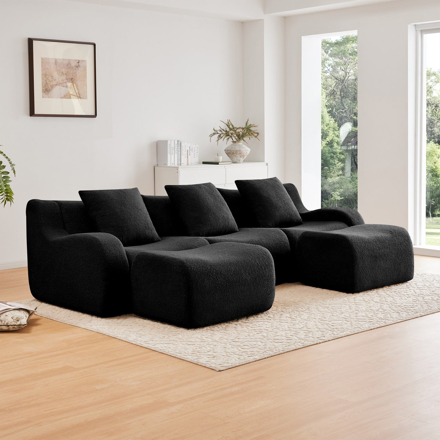 Black teddy fleece boneless sofa, 3-seat with two ottomans layout, angled view in a bright living room — Black / 3-Seat + 2 Ottomans