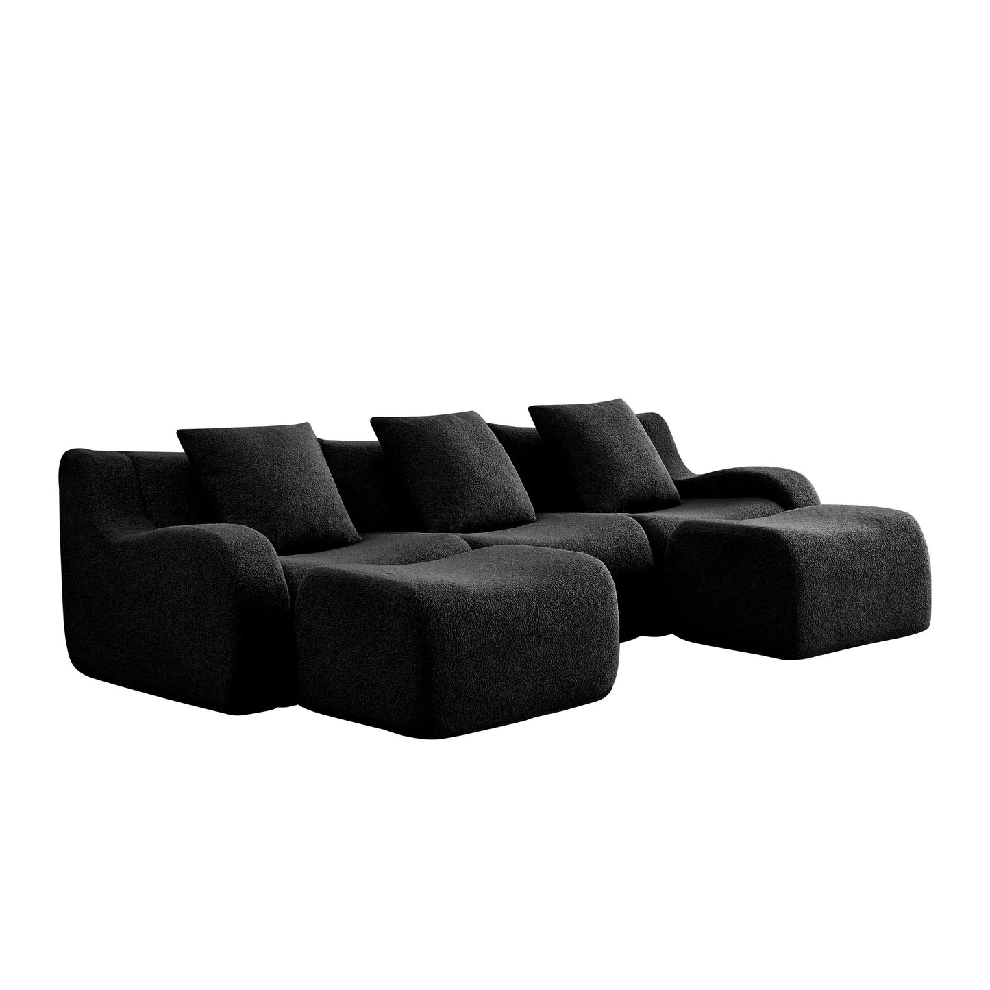 Black teddy fleece boneless sofa, 3-seat with two ottomans layout, side view on a white background — Black / 3-Seat + 2 Ottomans