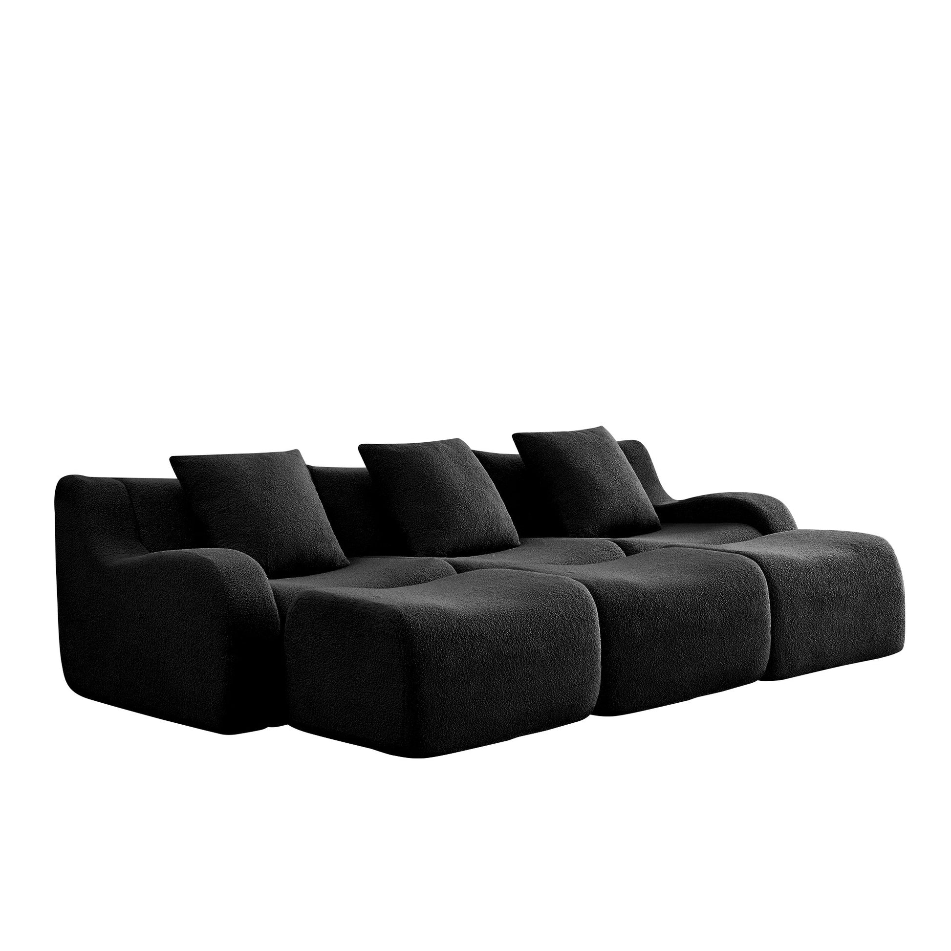 Black teddy fleece boneless sofa, 3-seat with three ottomans layout, 45 degree view on a white background — Black / 3-Seat + 3 Ottomans