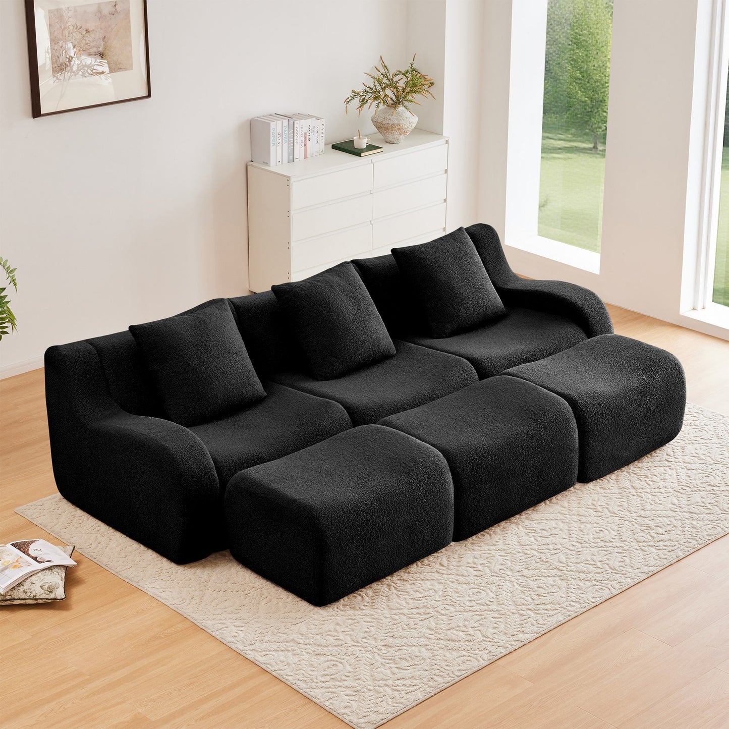 Black teddy fleece boneless sofa, 3-seat with three ottomans layout, straight on view in a living room — Black / 3-Seat + 3 Ottomans