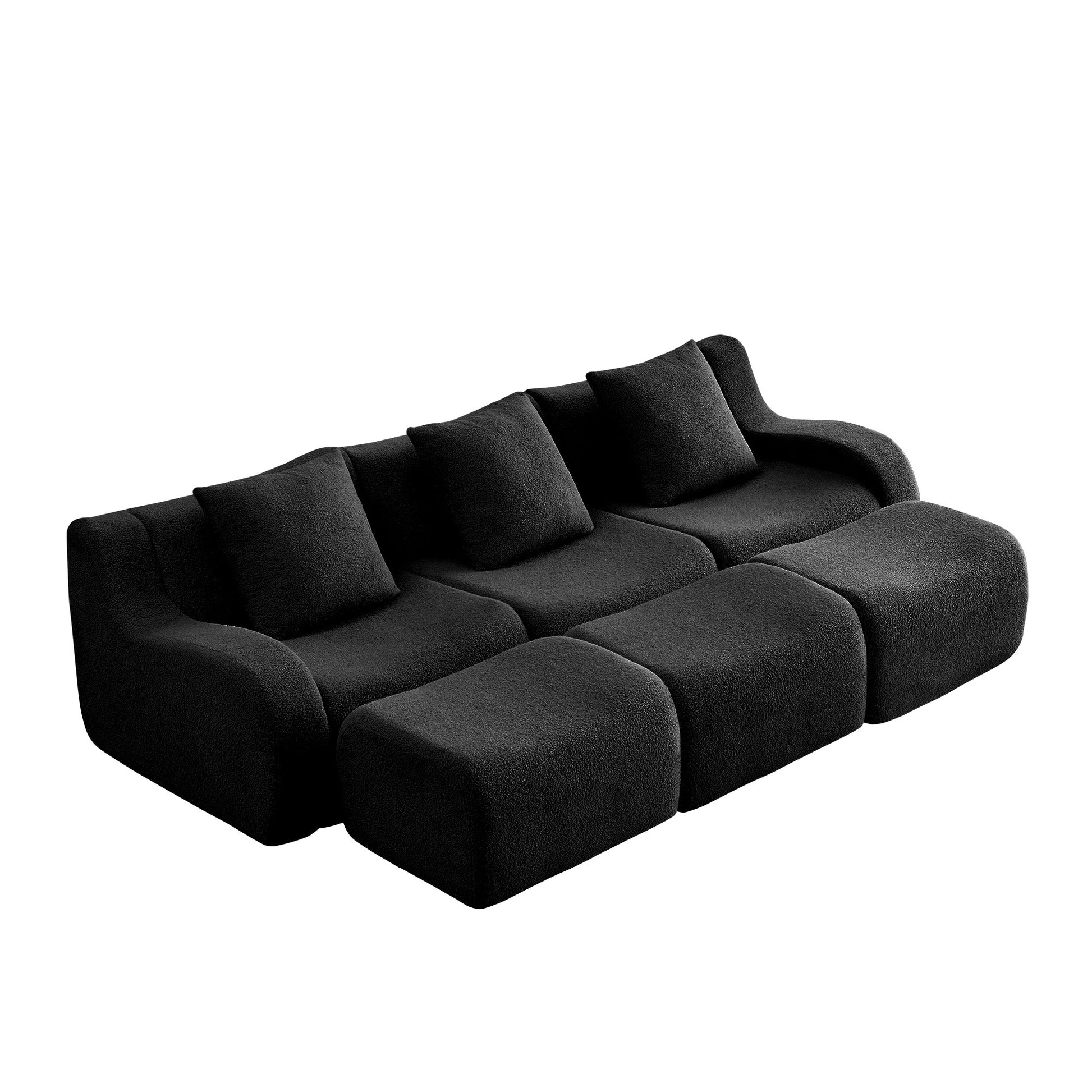 Black teddy fleece boneless sofa, 3-seat with three ottomans layout, side view on a white background — Black / 3-Seat + 3 Ottomans