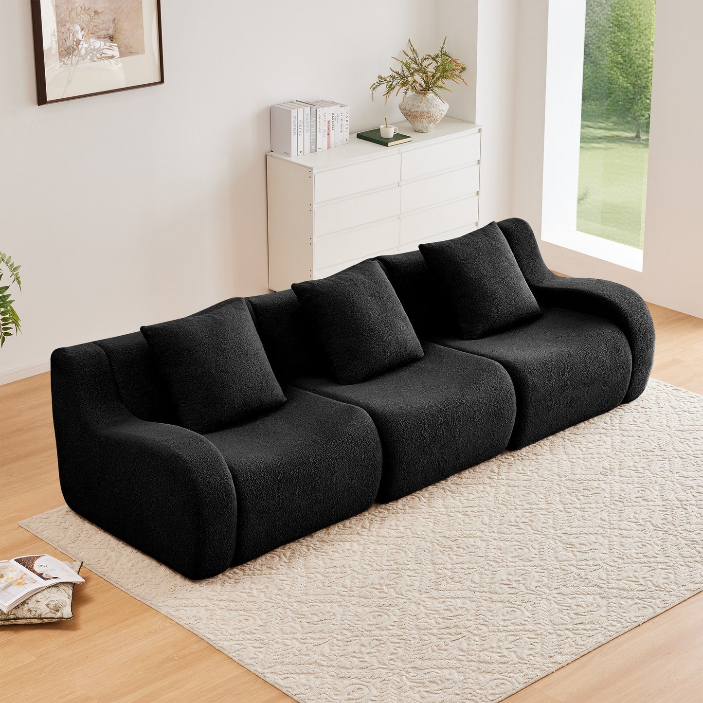 Black teddy fleece boneless sofa, 3-seat layout, straight on view in a living room — Black / 3-Seat