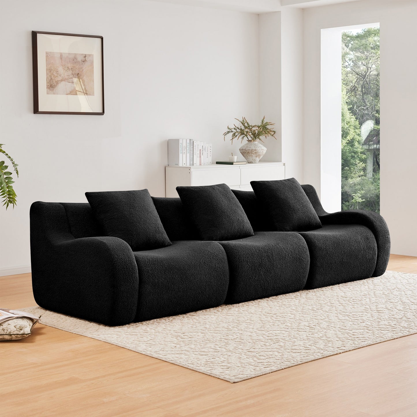 Black teddy fleece boneless sofa, 3-seat layout, angled view in a bright living room — Black / 3-Seat
