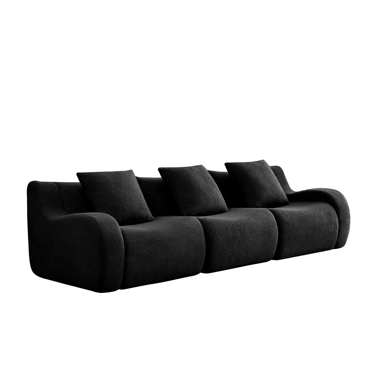 Black teddy fleece boneless sofa, 3-seat layout, side view on a white background — Black / 3-Seat
