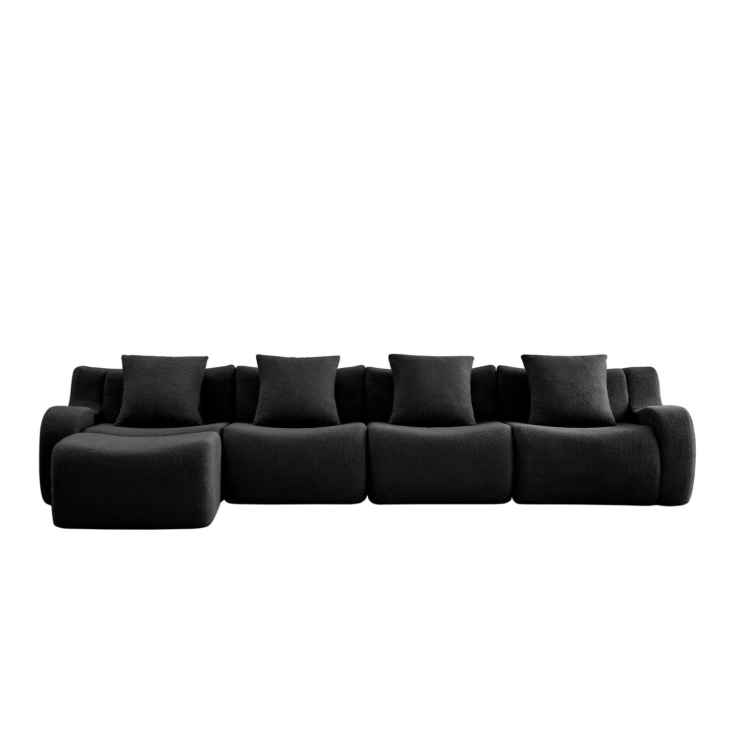 Black teddy fleece boneless sofa, 4-seat with one ottoman layout, 45 degree view on a white background — Black / 4-Seat + 1 Ottoman