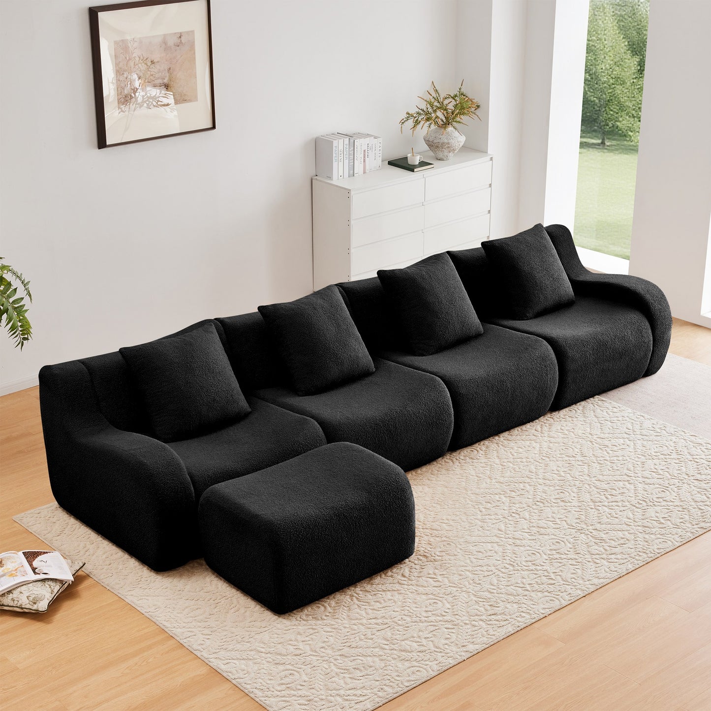 Black teddy fleece boneless sofa, 4-seat with one ottoman layout, straight on view in a living room — Black / 4-Seat + 1 Ottoman