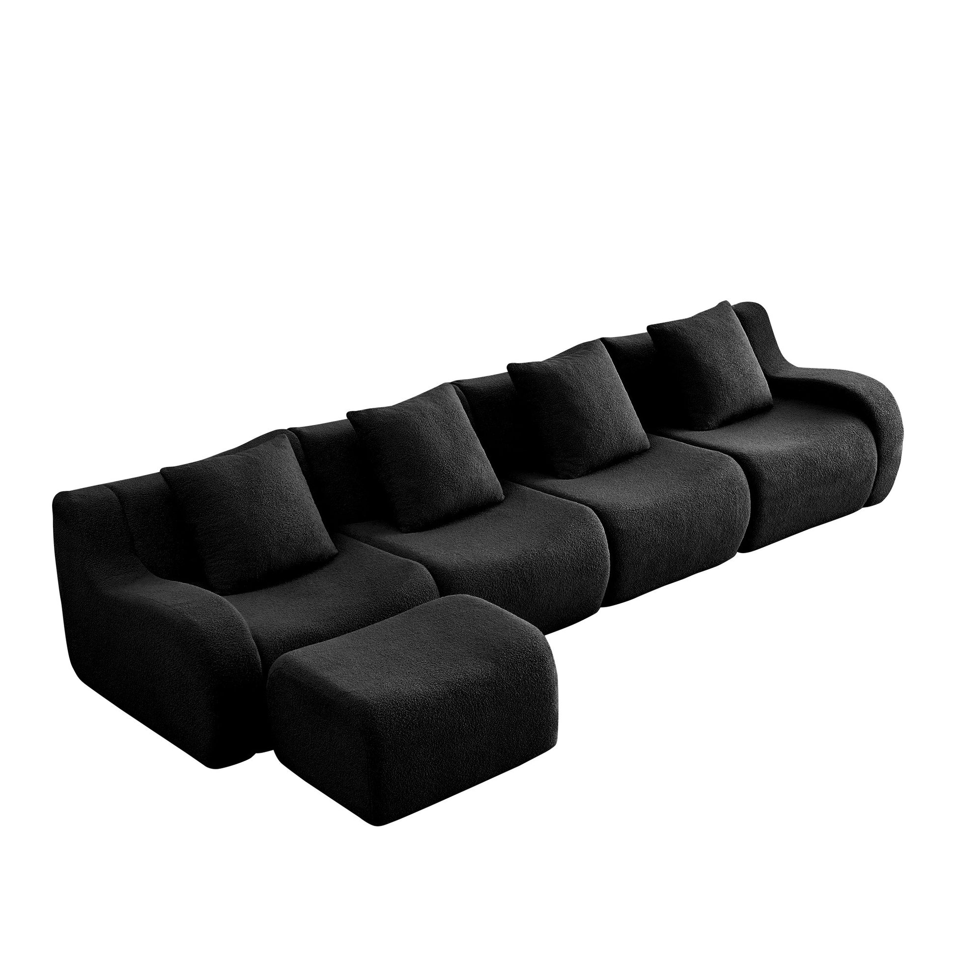 Black teddy fleece boneless sofa, 4-seat with one ottoman layout, side view on a white background — Black / 4-Seat + 1 Ottoman