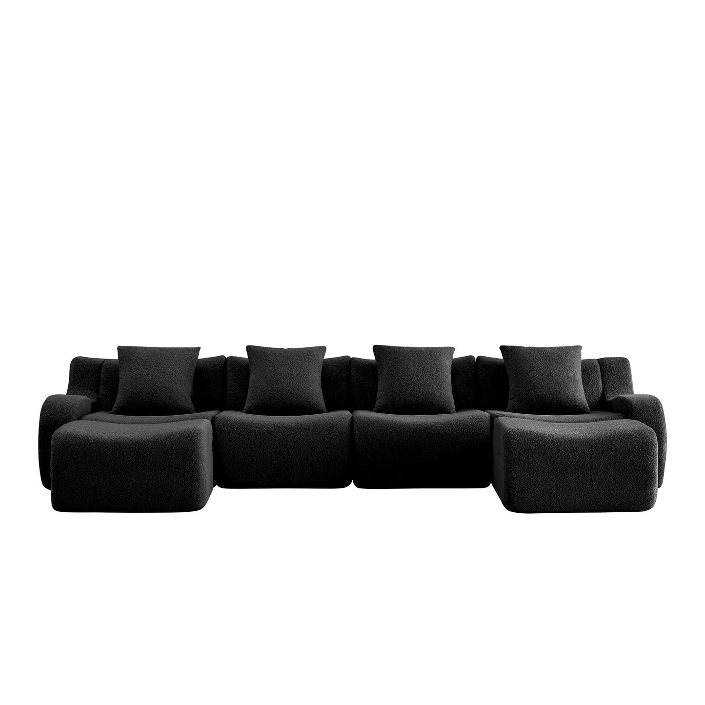 Black teddy fleece boneless sofa, 4-seat with two ottomans layout, 45 degree view on a white background — Black / 4-Seat + 2 Ottomans