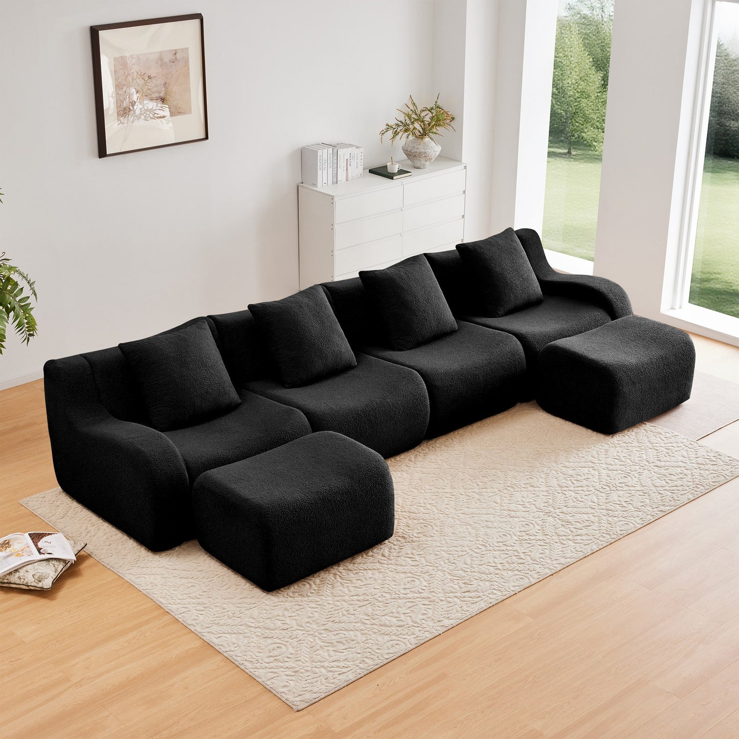 Black teddy fleece boneless sofa, 4-seat with two ottomans layout, straight on view in a living room — Black / 4-Seat + 2 Ottomans