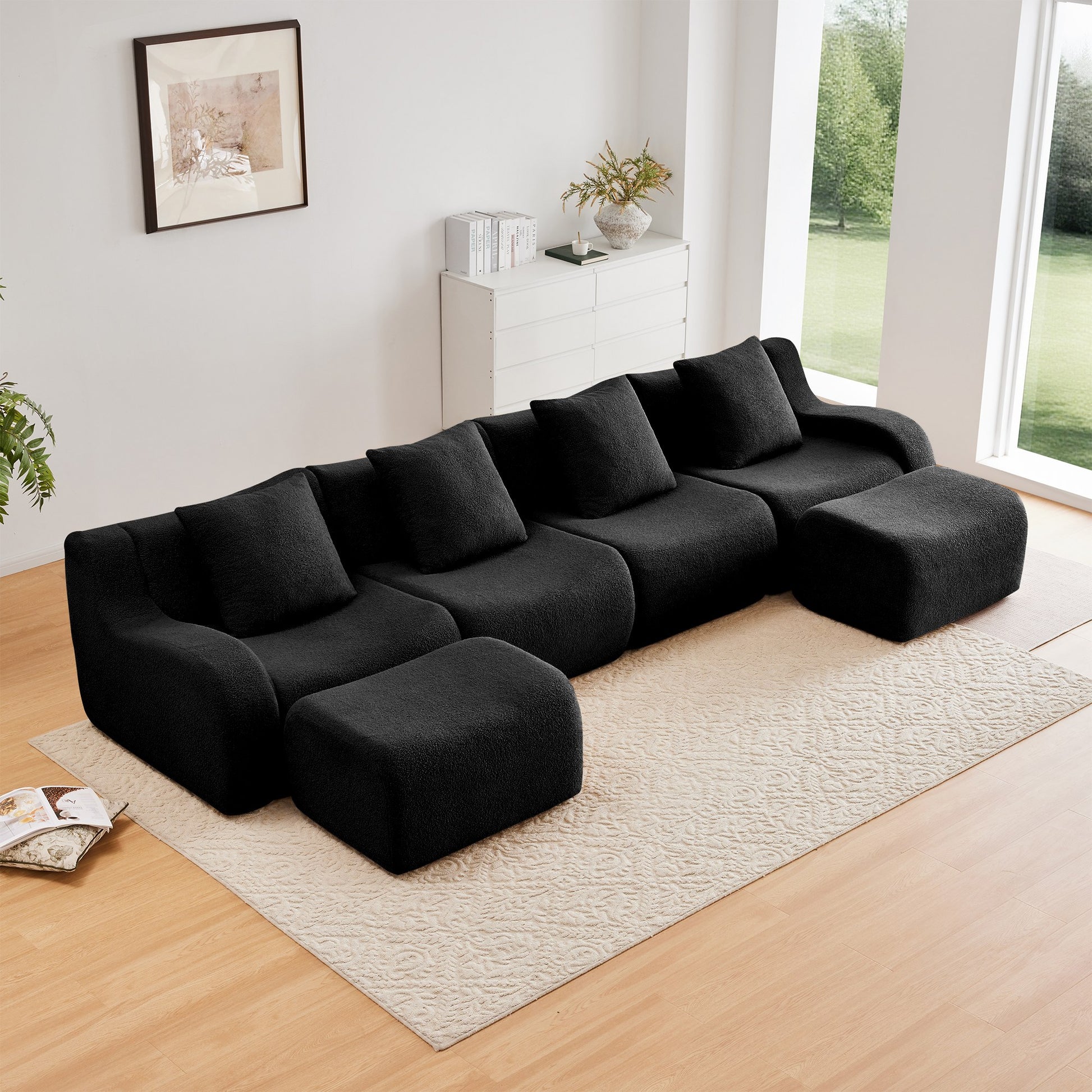 Black teddy fleece boneless sofa, 4-seat with two ottomans layout, straight on view in a living room — Black / 4-Seat + 2 Ottomans