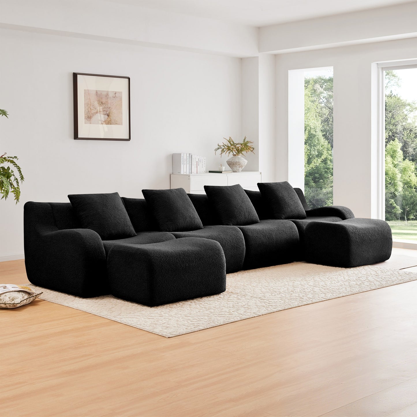 Black teddy fleece boneless sofa, 4-seat with two ottomans layout, angled view in a bright living room — Black / 4-Seat + 2 Ottomans
