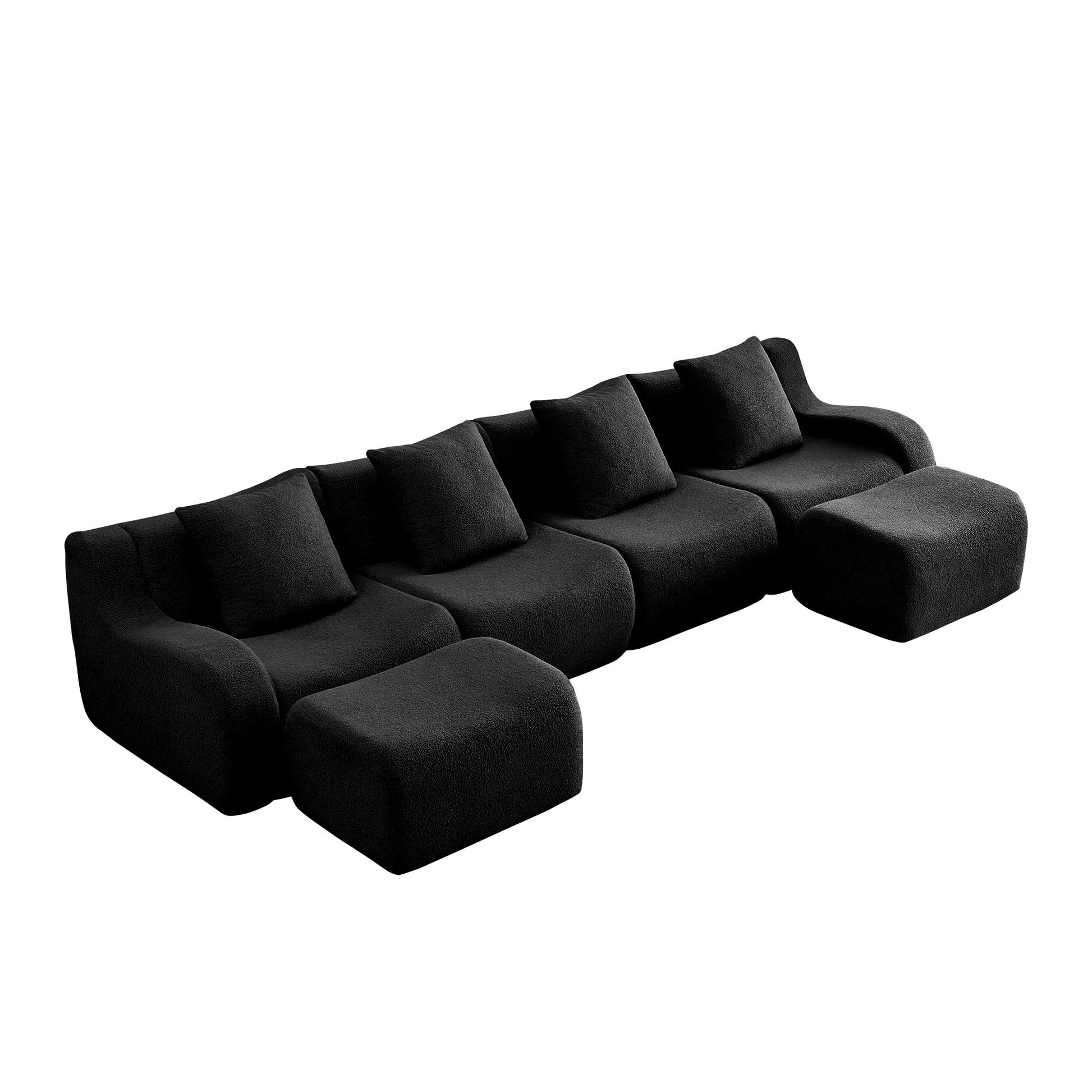 Black teddy fleece boneless sofa, 4-seat with two ottomans layout, side view on a white background — Black / 4-Seat + 2 Ottomans