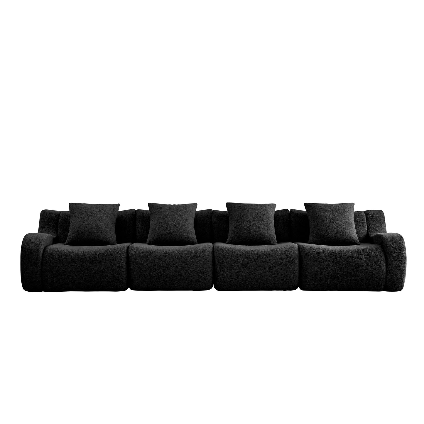Black teddy fleece boneless sofa, 4-seat layout, 45 degree view on a white background — Black / 4-Seat