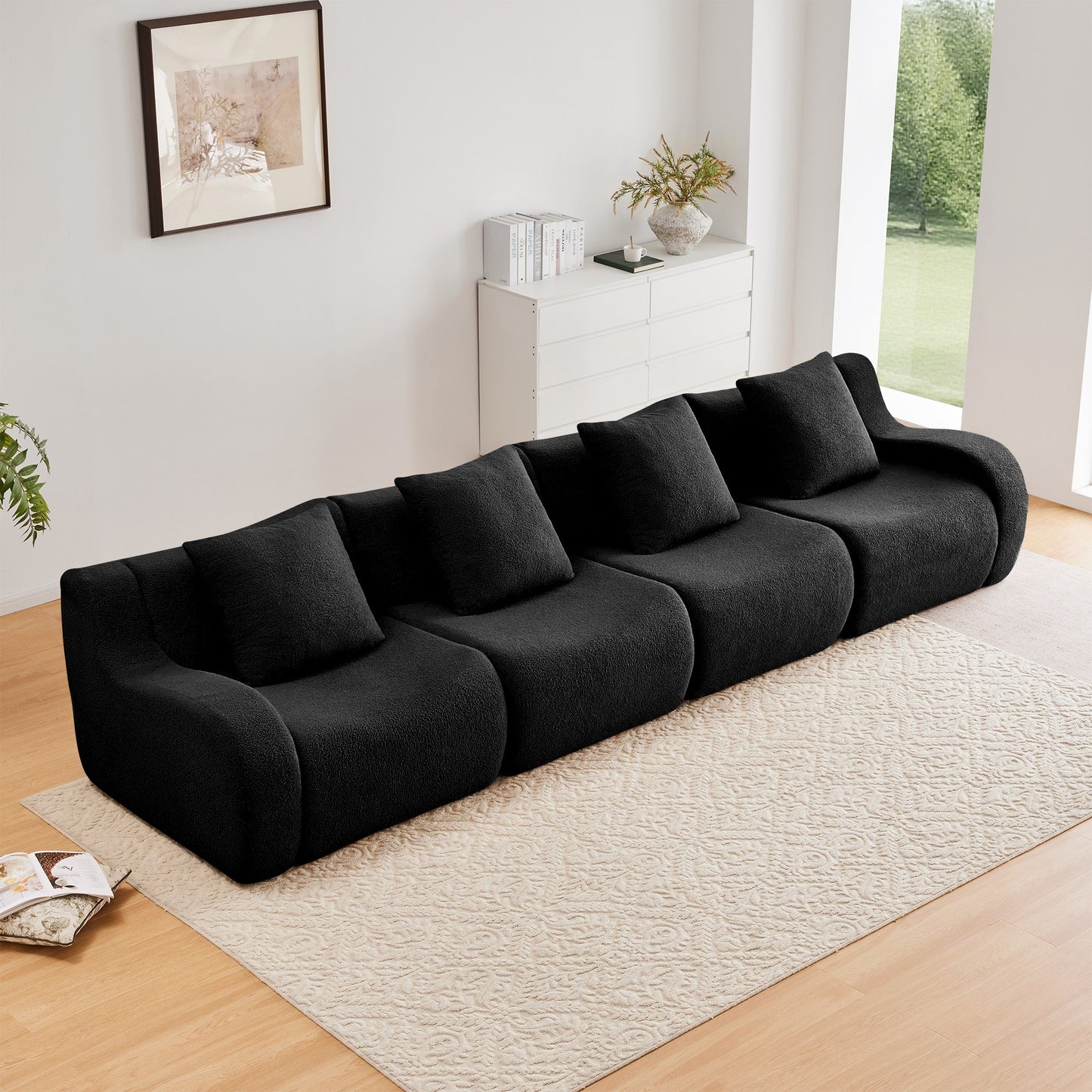 Black teddy fleece boneless sofa, 4-seat layout, straight on view in a living room — Black / 4-Seat