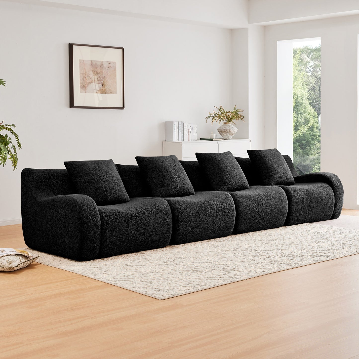 Black teddy fleece boneless sofa, 4-seat layout, angled view in a bright living room — Black / 4-Seat