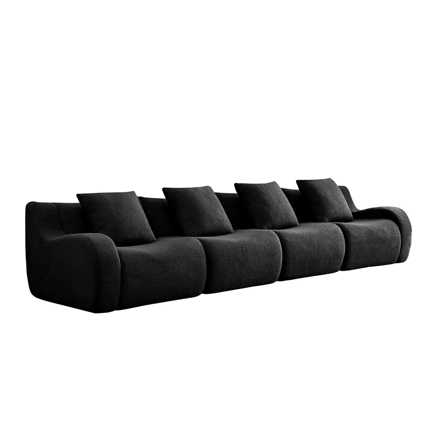 Black teddy fleece boneless sofa, 4-seat layout, side view on a white background — Black / 4-Seat