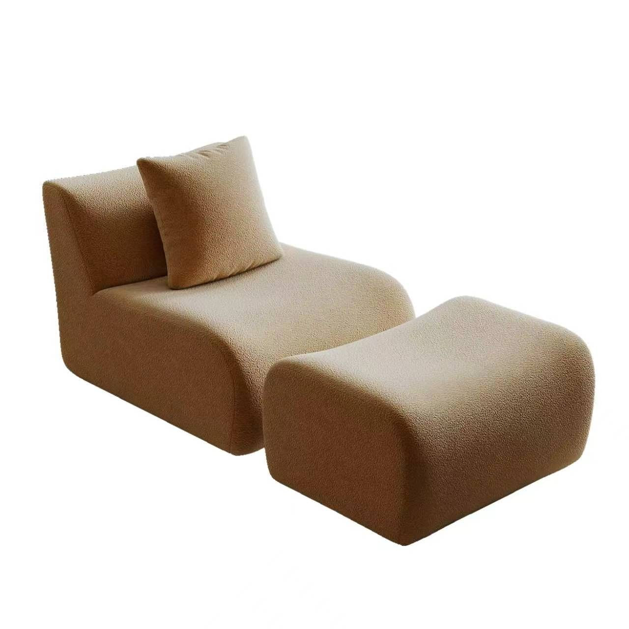 Camel teddy fleece boneless sofa, 1-seat with one ottoman set, 45 degree view on a white background — Camel / 1-Seat + 1 Ottoman