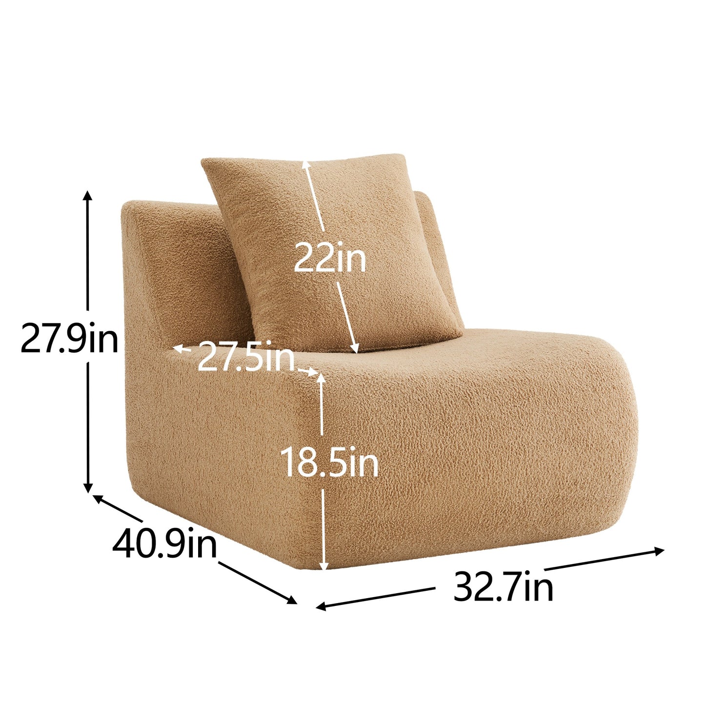 Seat dimensions for the Camel teddy fleece boneless sofa, 1-seat with one ottoman set — Camel / 1-Seat + 1 Ottoman