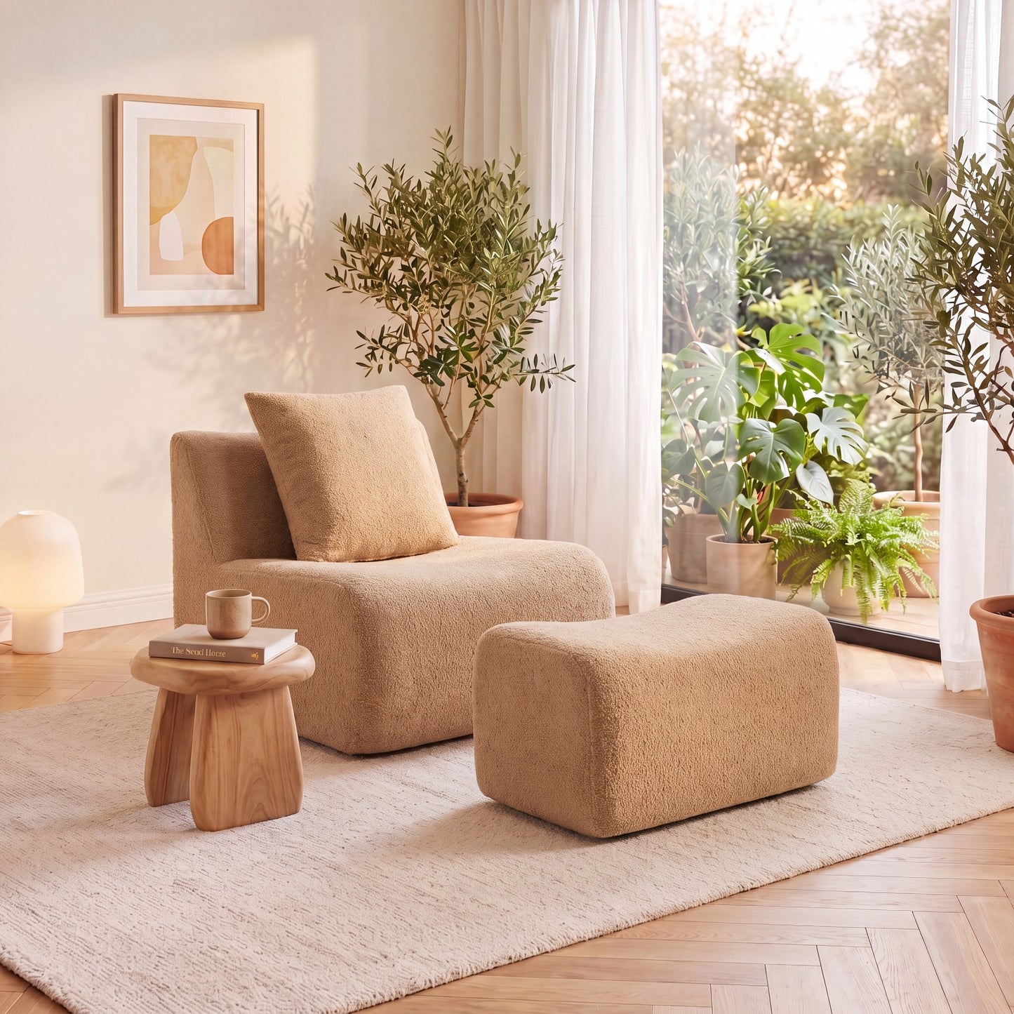 Camel teddy fleece boneless sofa, 1-seat with one ottoman set, angled view in a sunlit room — Camel / 1-Seat + 1 Ottoman