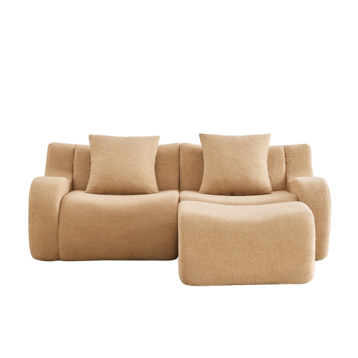 Camel teddy fleece boneless sofa, 2-seat with one ottoman layout, 45 degree view on a white background — Camel / 2-Seat + 1 Ottoman