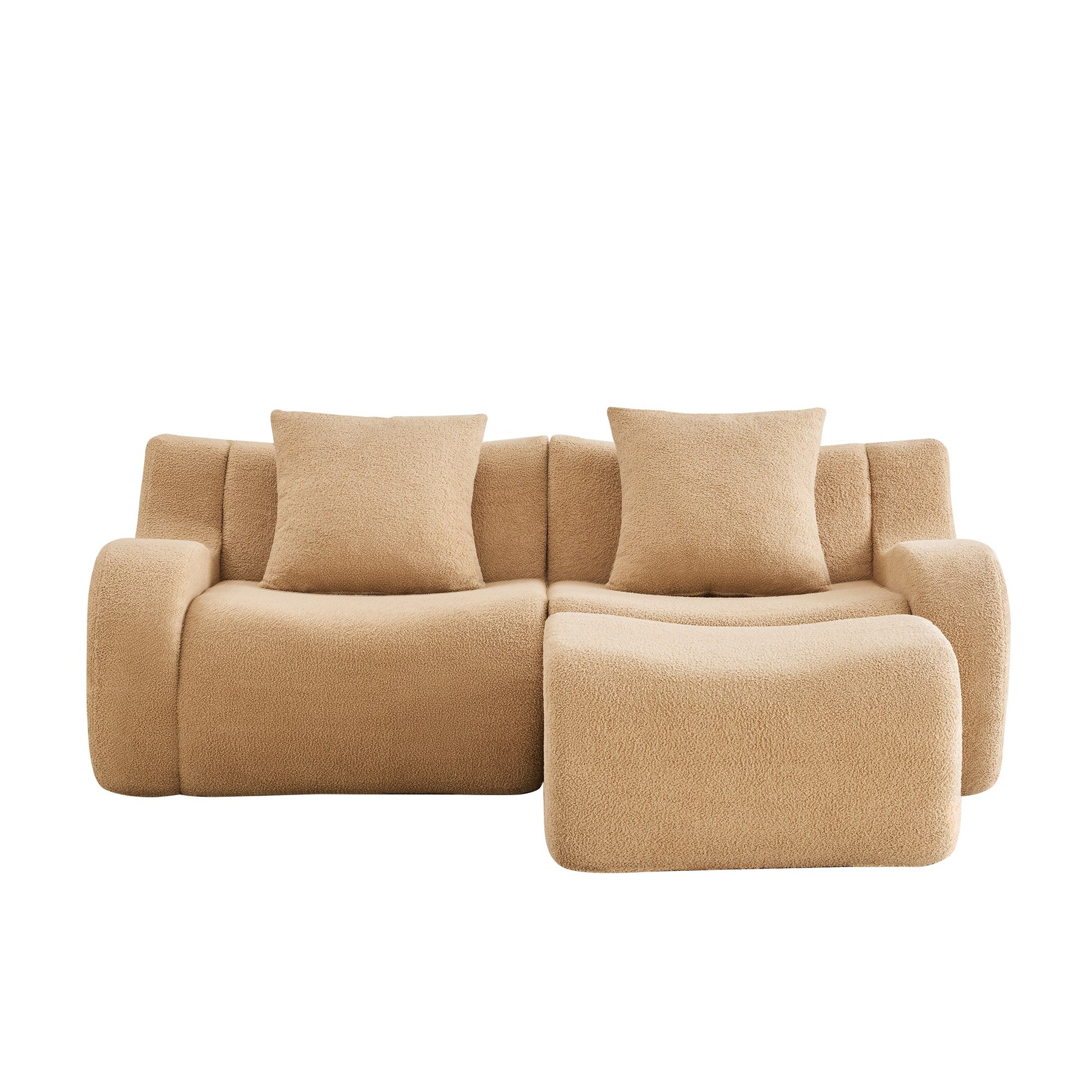 Camel teddy fleece boneless sofa, 2-seat with one ottoman layout, 45 degree view on a white background — Camel / 2-Seat + 1 Ottoman