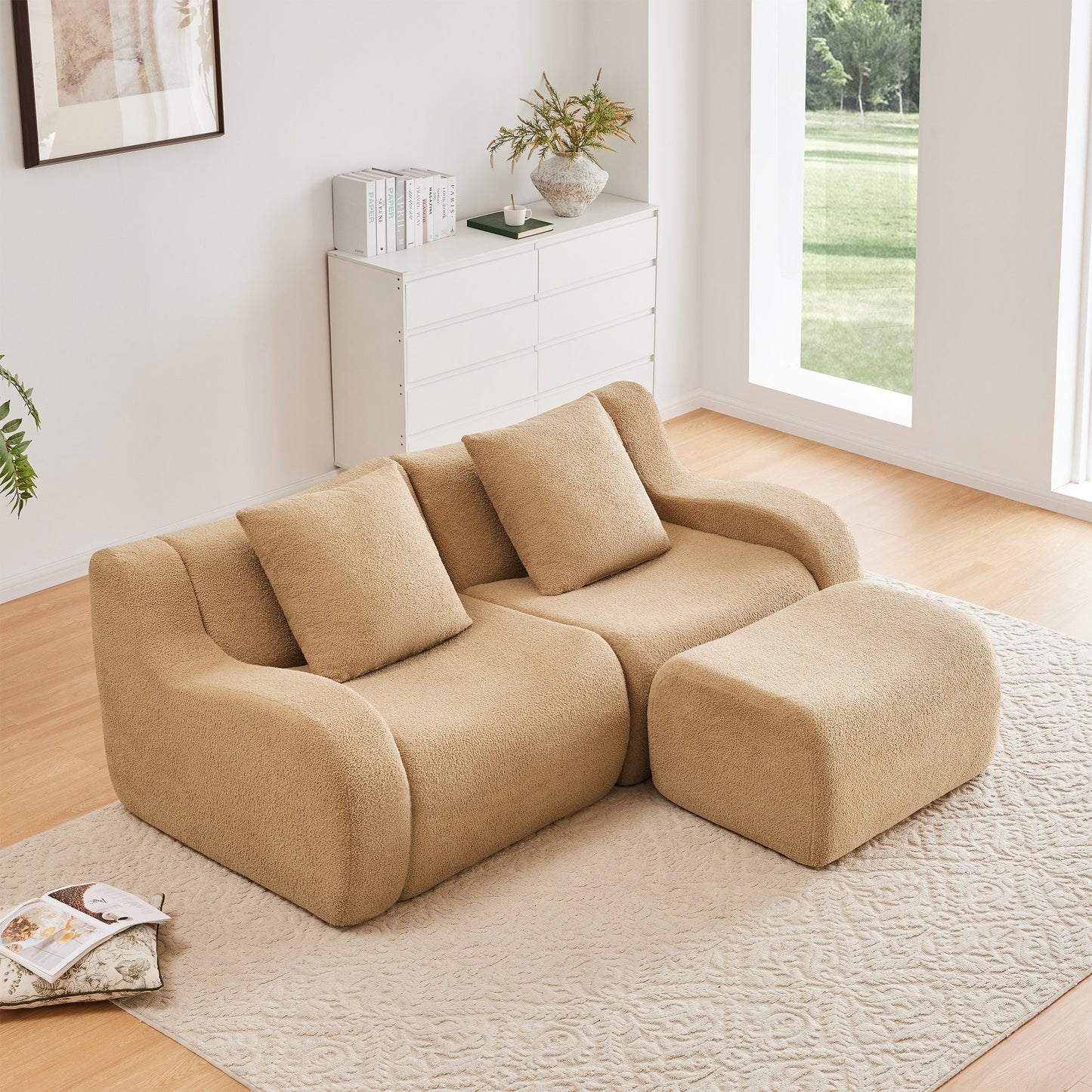 Camel teddy fleece boneless sofa, 2-seat with one ottoman layout, straight on view in a living room — Camel / 2-Seat + 1 Ottoman