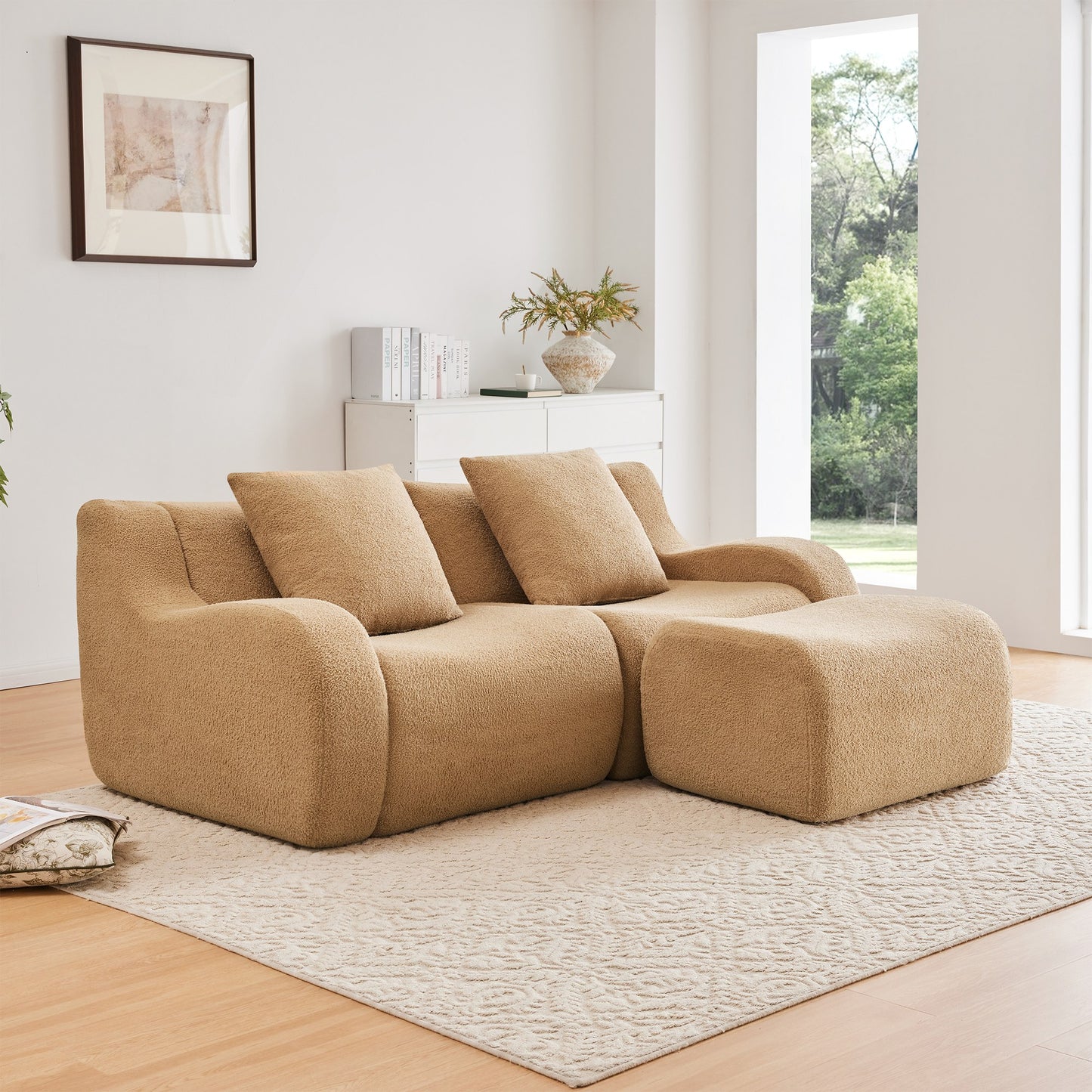 Camel teddy fleece boneless sofa, 2-seat with one ottoman layout, angled view in a bright living room — Camel / 2-Seat + 1 Ottoman