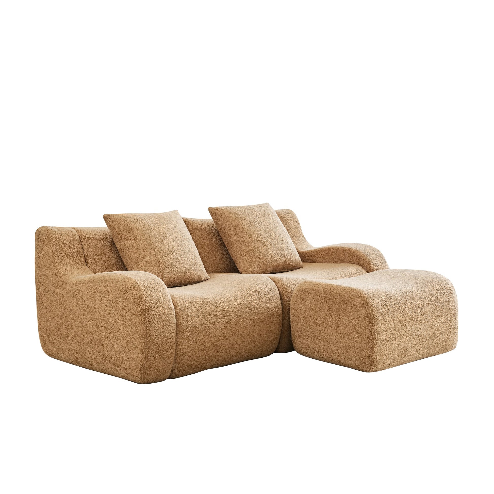 Camel teddy fleece boneless sofa, 2-seat with one ottoman layout, side view on a white background — Camel / 2-Seat + 1 Ottoman