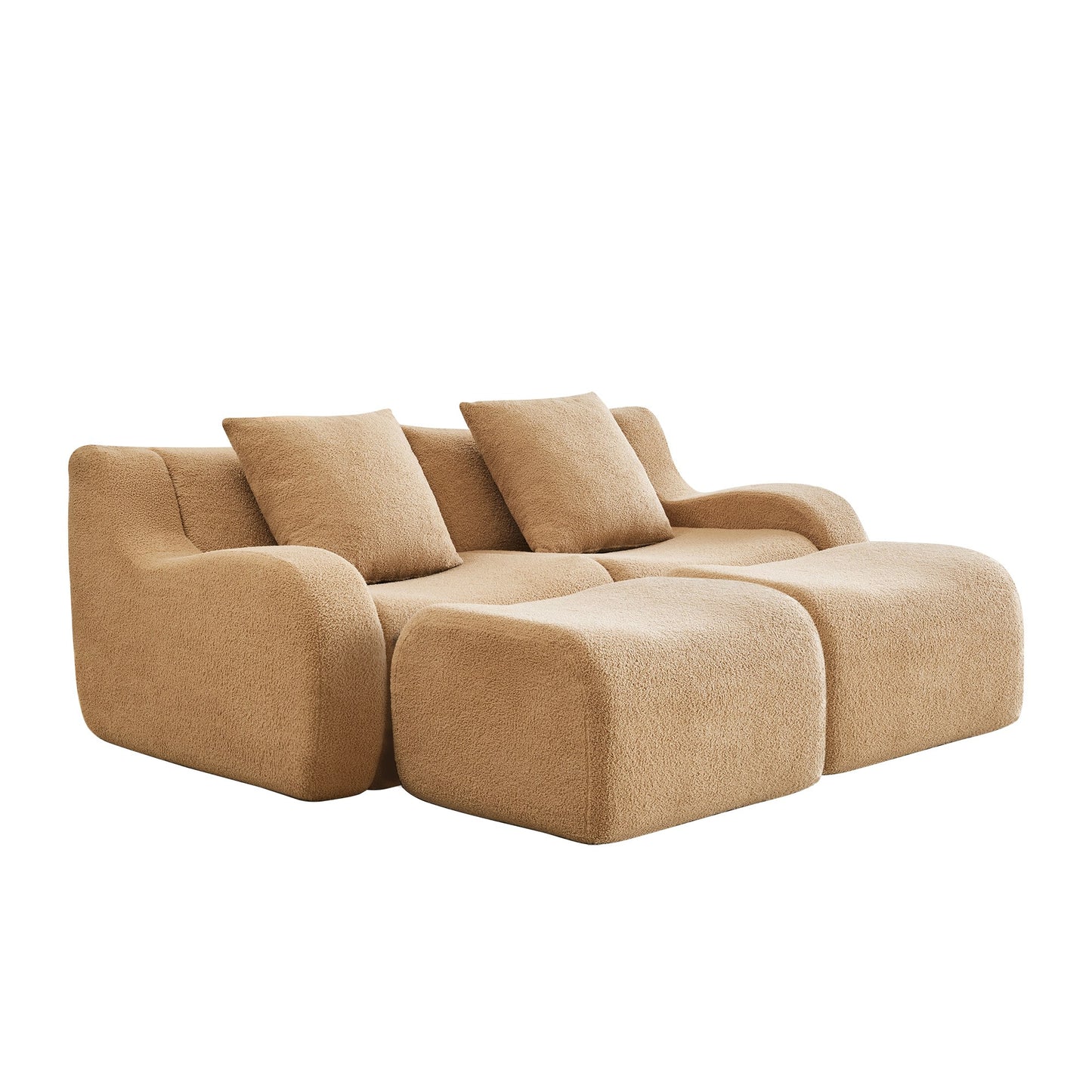 Camel teddy fleece boneless sofa, 2-seat with two ottomans layout, 45 degree view on a white background — Camel / 2-Seat + 2 Ottomans