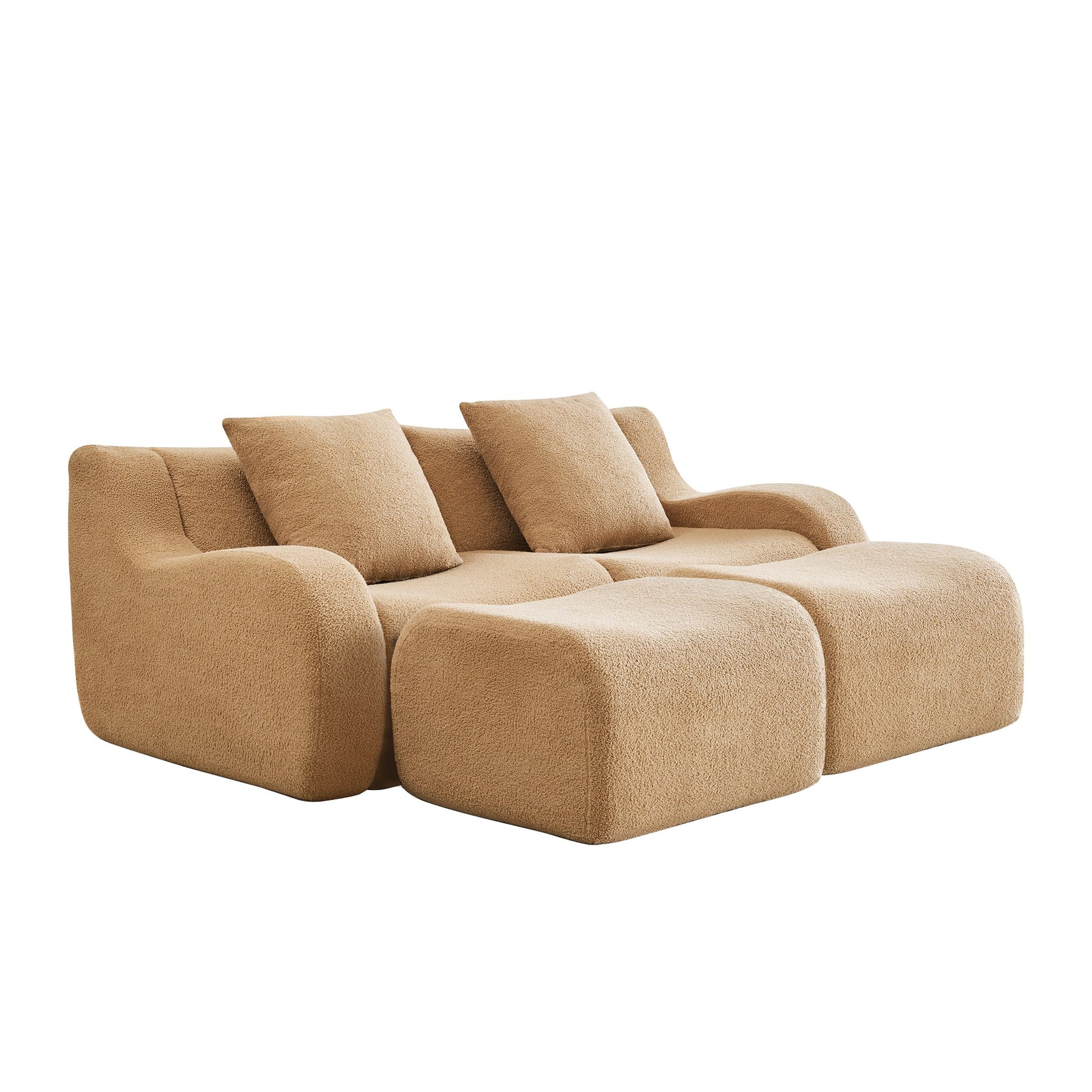 Camel teddy fleece boneless sofa, 2-seat with two ottomans layout, 45 degree view on a white background — Camel / 2-Seat + 2 Ottomans