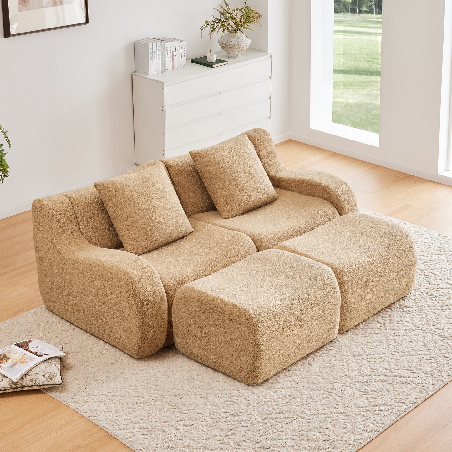 Camel teddy fleece boneless sofa, 2-seat with two ottomans layout, straight on view in a living room — Camel / 2-Seat + 2 Ottomans