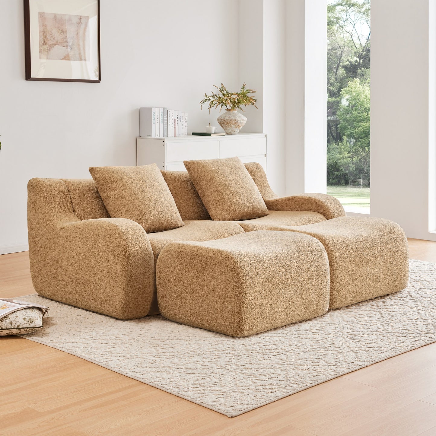 Camel teddy fleece boneless sofa, 2-seat with two ottomans layout, angled view in a bright living room — Camel / 2-Seat + 2 Ottomans