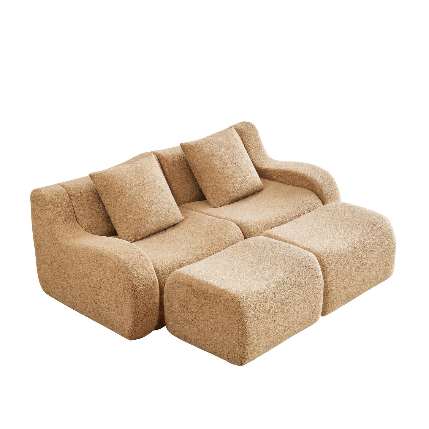 Camel teddy fleece boneless sofa, 2-seat with two ottomans layout, side view on a white background — Camel / 2-Seat + 2 Ottomans